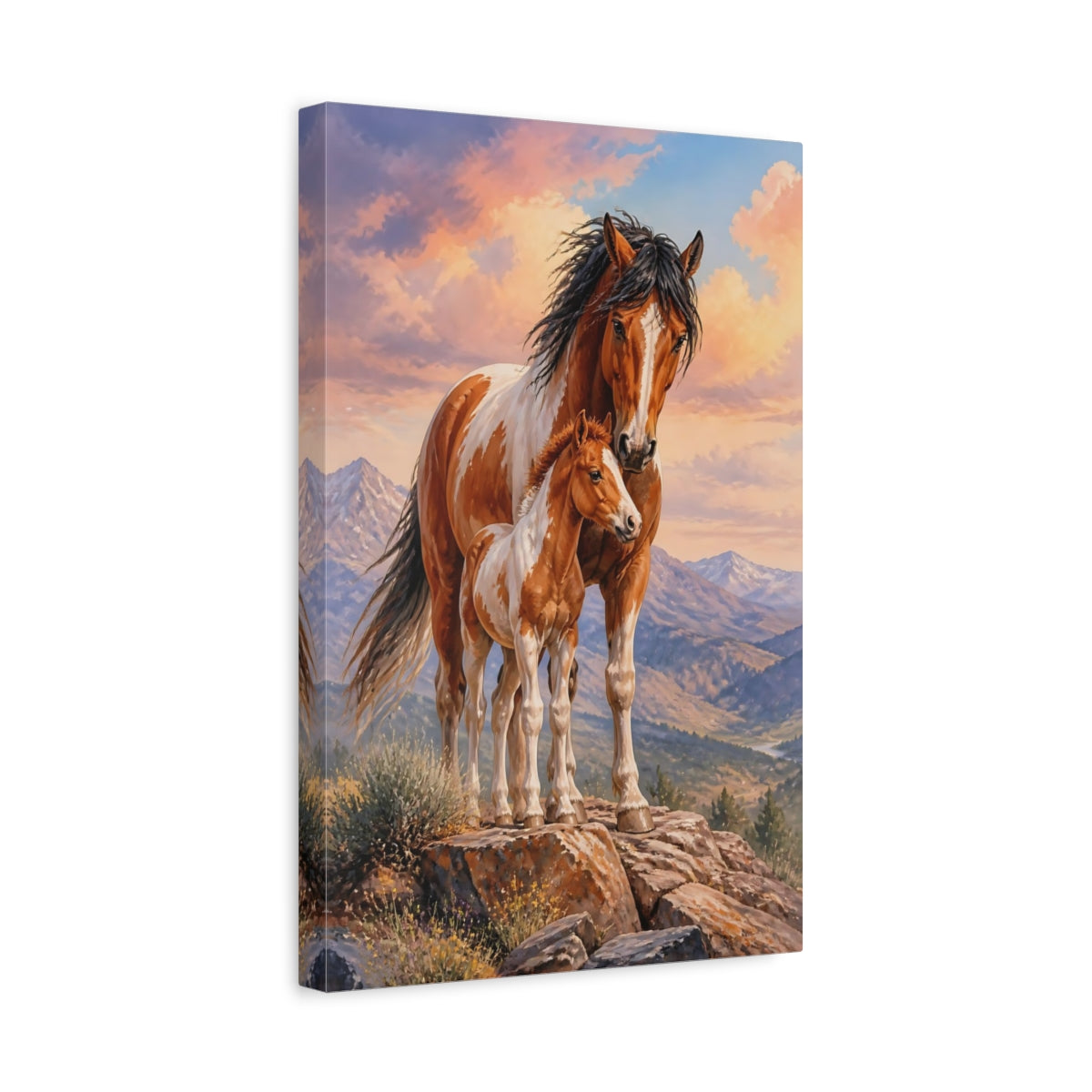 Side Mockup 4. Animals Mustang Mare And Foal shown as canvas print