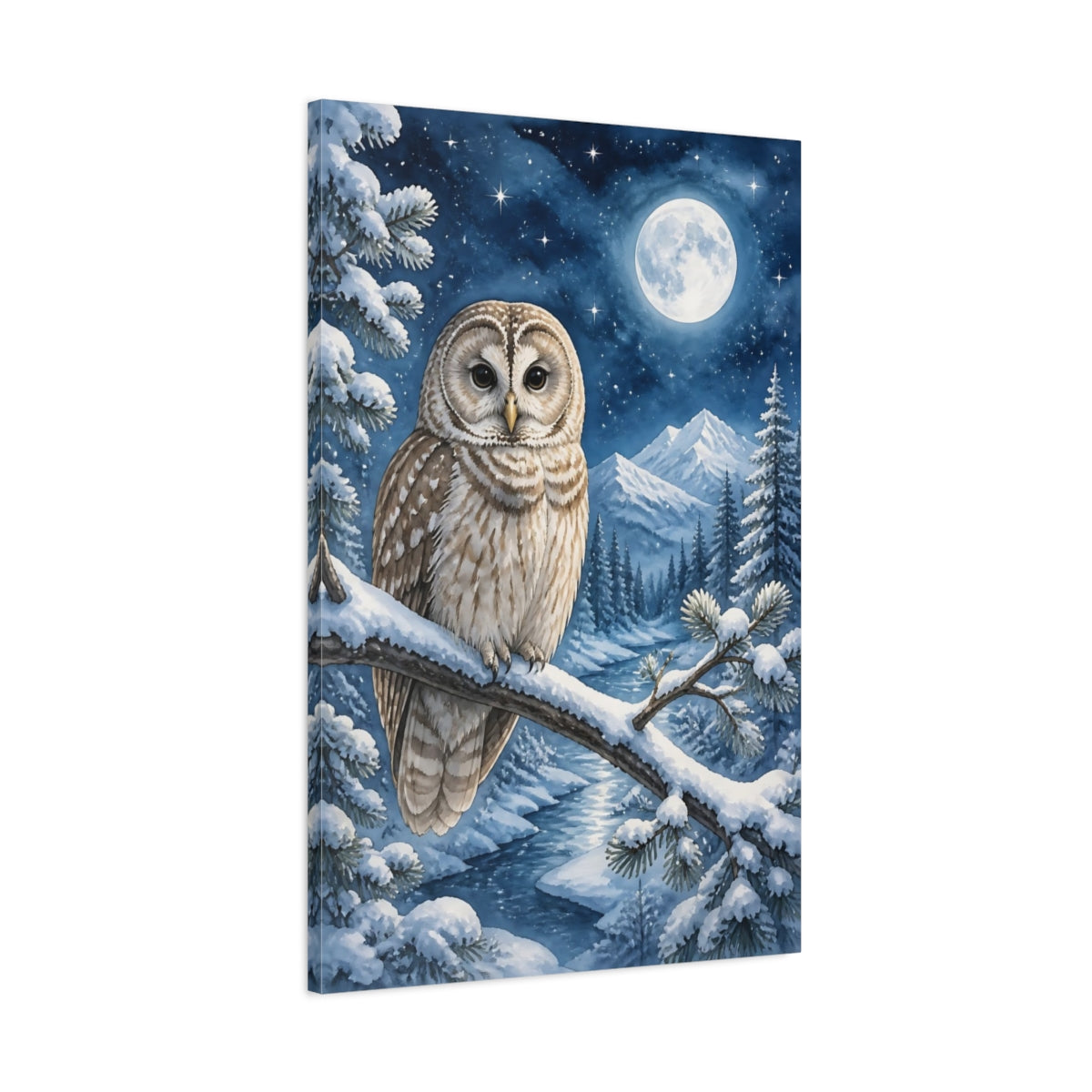 Main Mockup. Animals Night Owl On Snowy Branch shown as canvas print