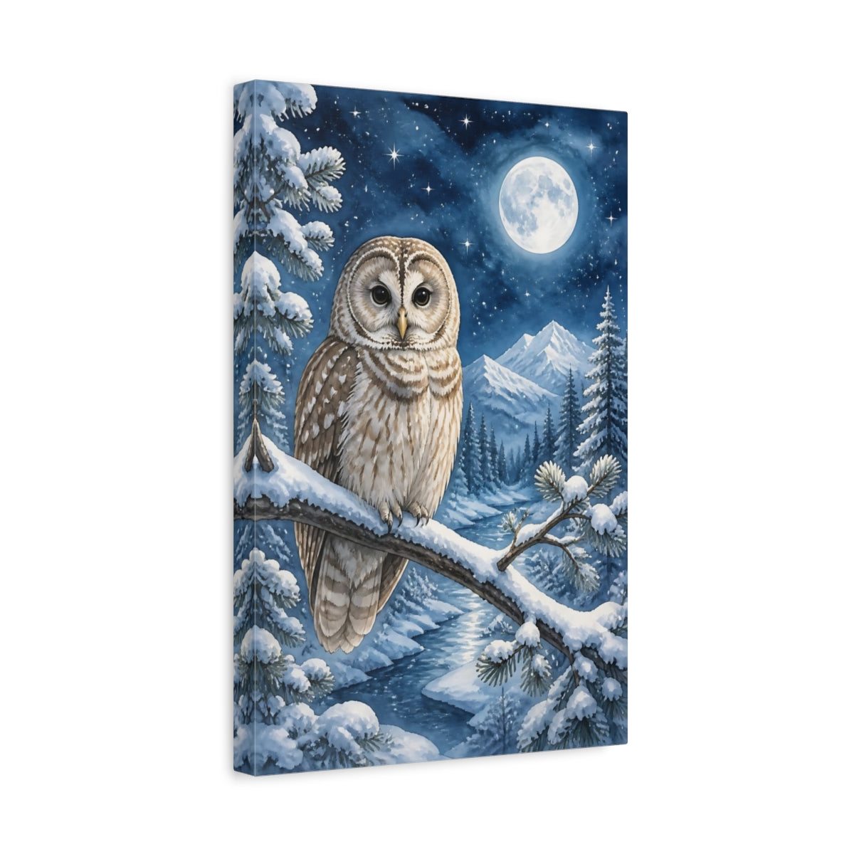 Side Mockup 4. Animals Night Owl On Snowy Branch shown as canvas print