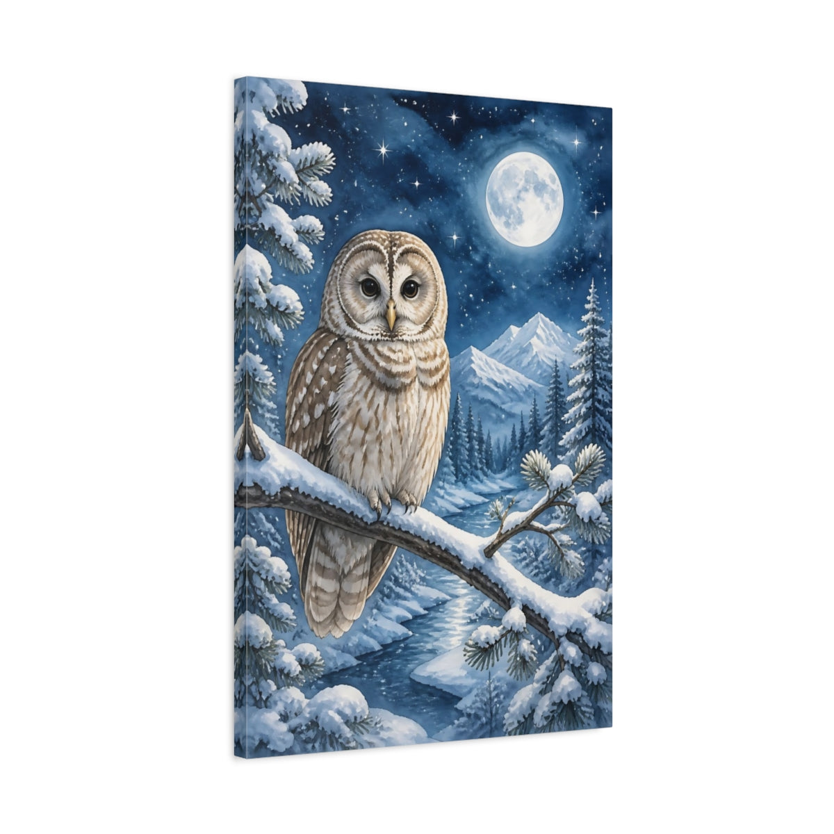 Side Mockup 2. Animals Night Owl On Snowy Branch shown as canvas print