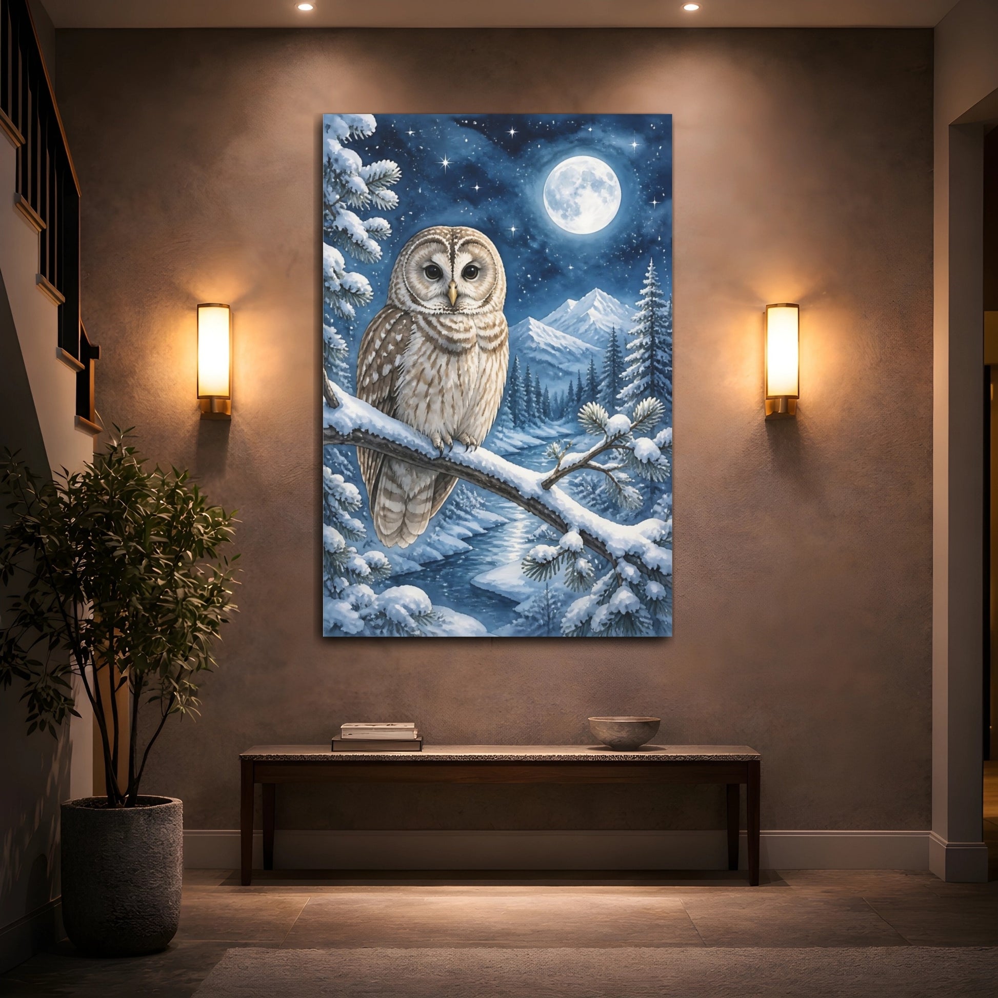 Mockup 2. Animals Night Owl On Snowy Branch shown as canvas print