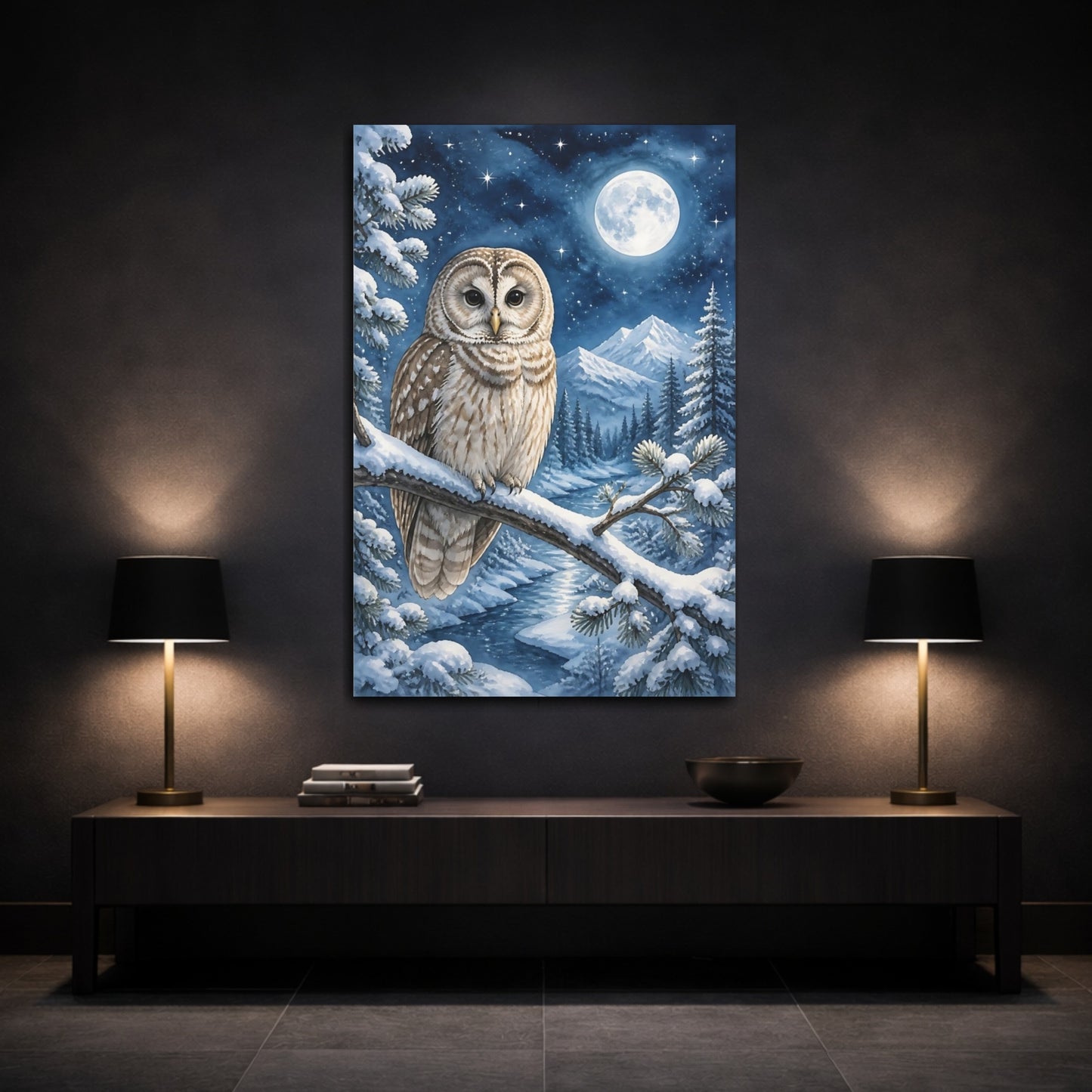 Mockup 3. Animals Night Owl On Snowy Branch shown as canvas print