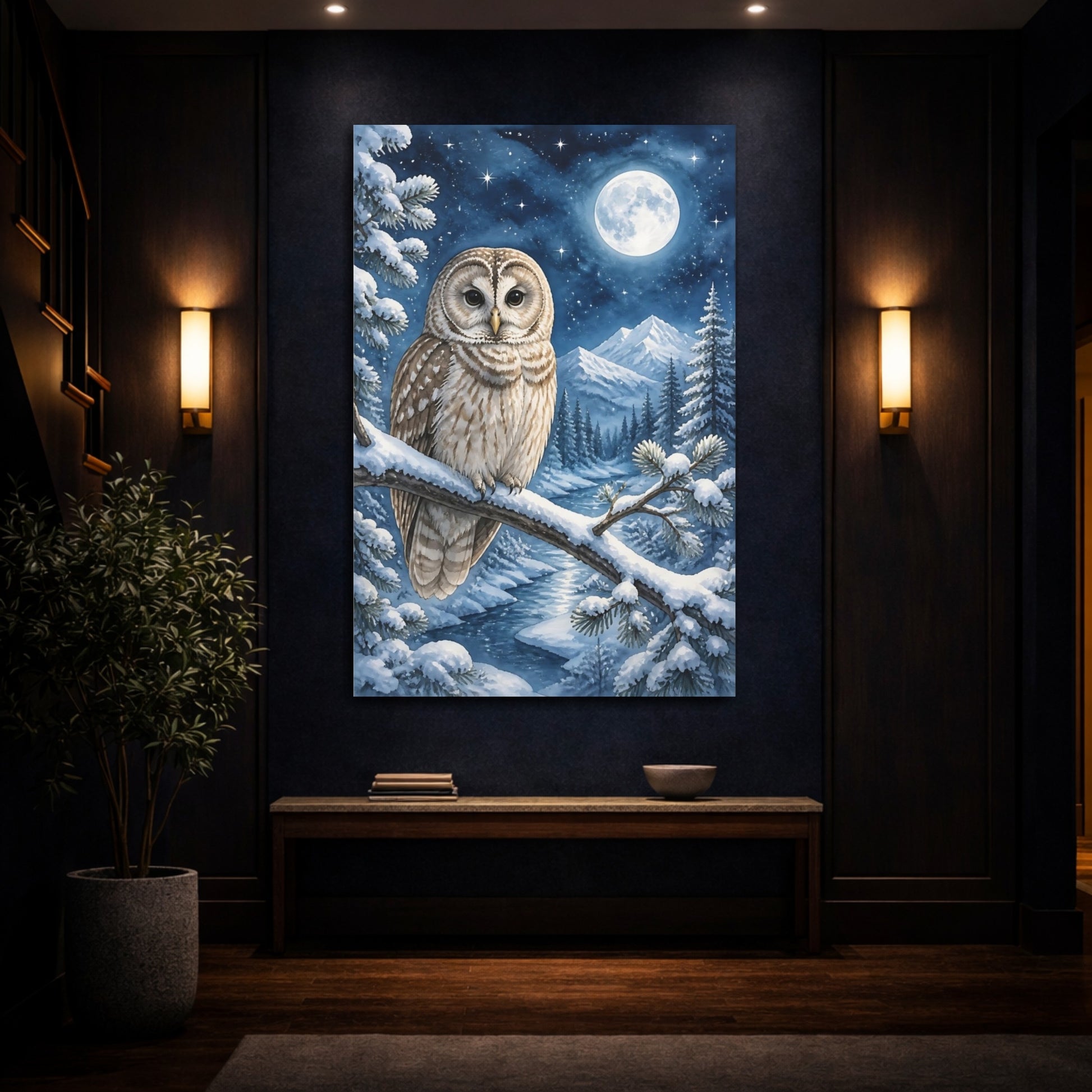 Mockup 4. Animals Night Owl On Snowy Branch shown as canvas print