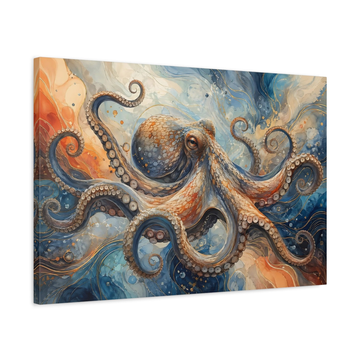 Side Mockup 2. Animals Octopus Blue And Orange Octopus shown as stretched canvas wall art