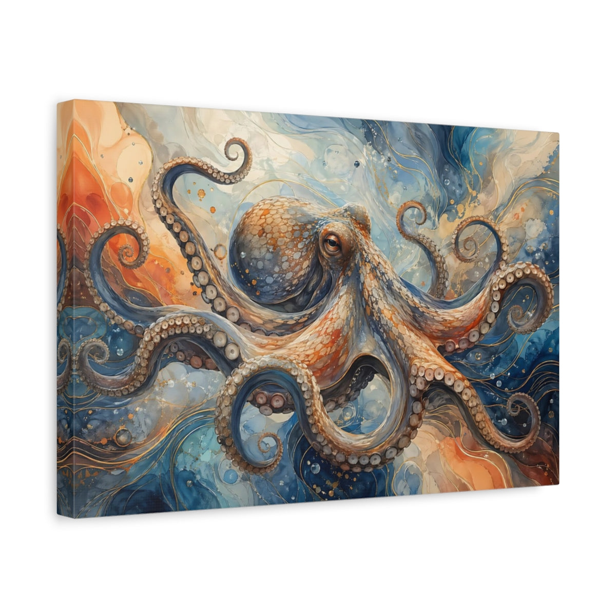 Side Mockup 4. Animals Octopus Blue And Orange Octopus shown as stretched canvas wall art