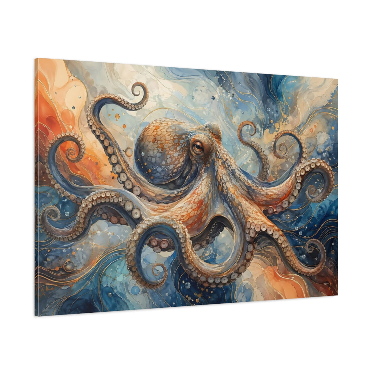 Side Mockup 1. Animals Octopus Blue And Orange Octopus shown as stretched canvas wall art