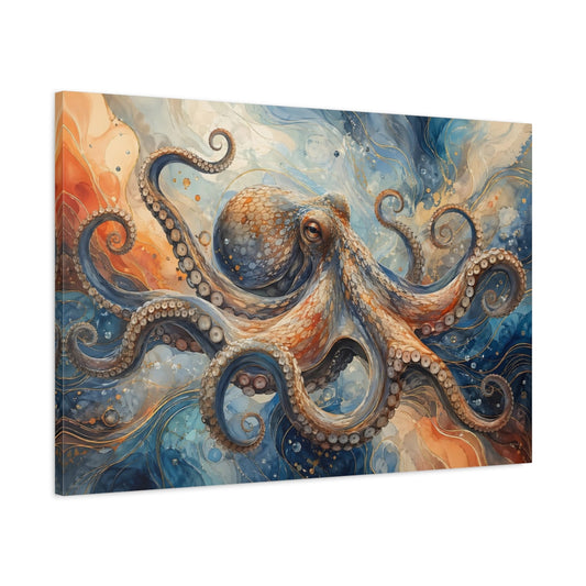 Main Mockup. Animals Octopus Blue And Orange Octopus shown as stretched canvas wall art