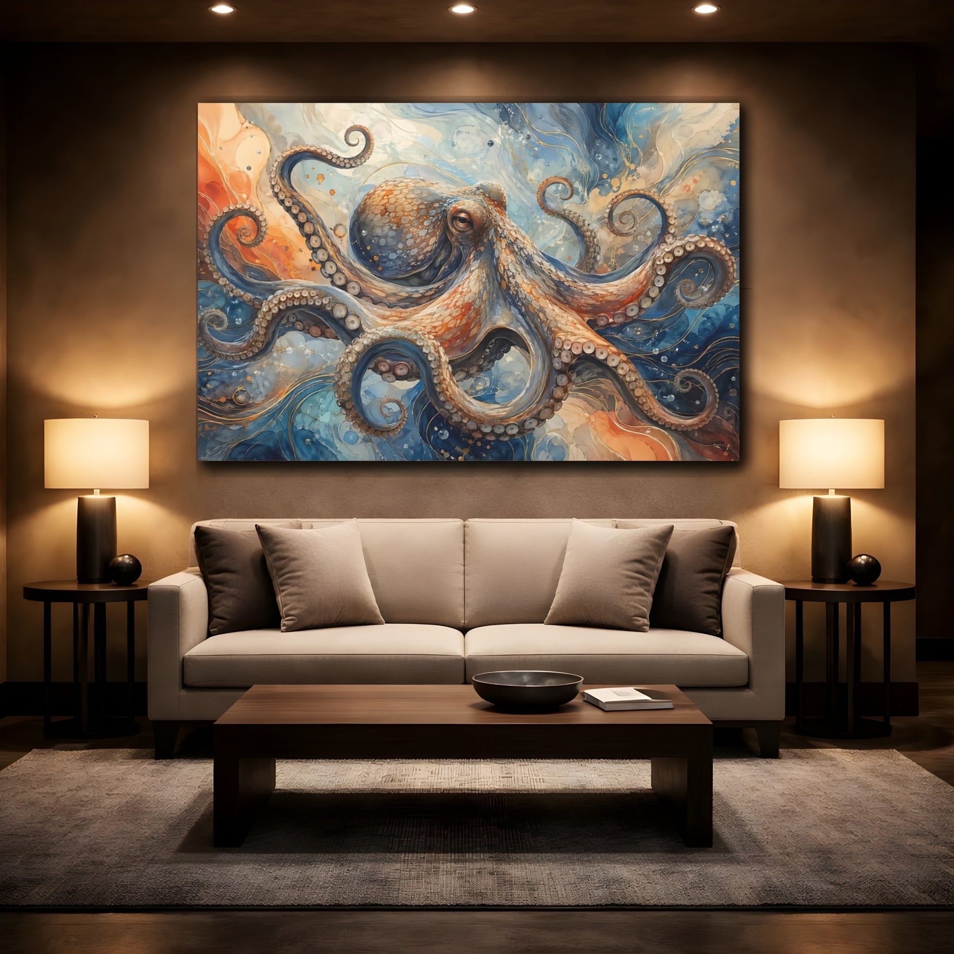 Mockup 2. Animals Octopus Blue And Orange Octopus shown as stretched canvas wall art