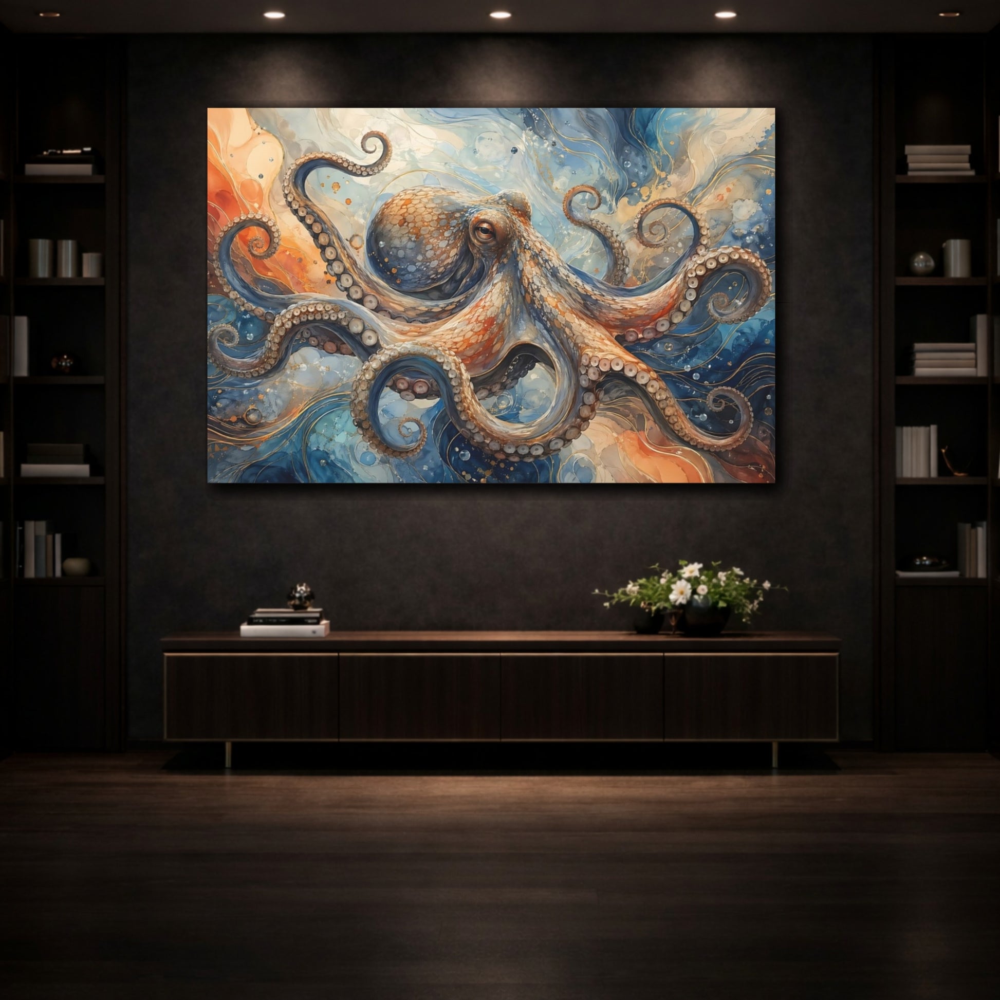 Mockup 3. Animals Octopus Blue And Orange Octopus shown as stretched canvas wall art