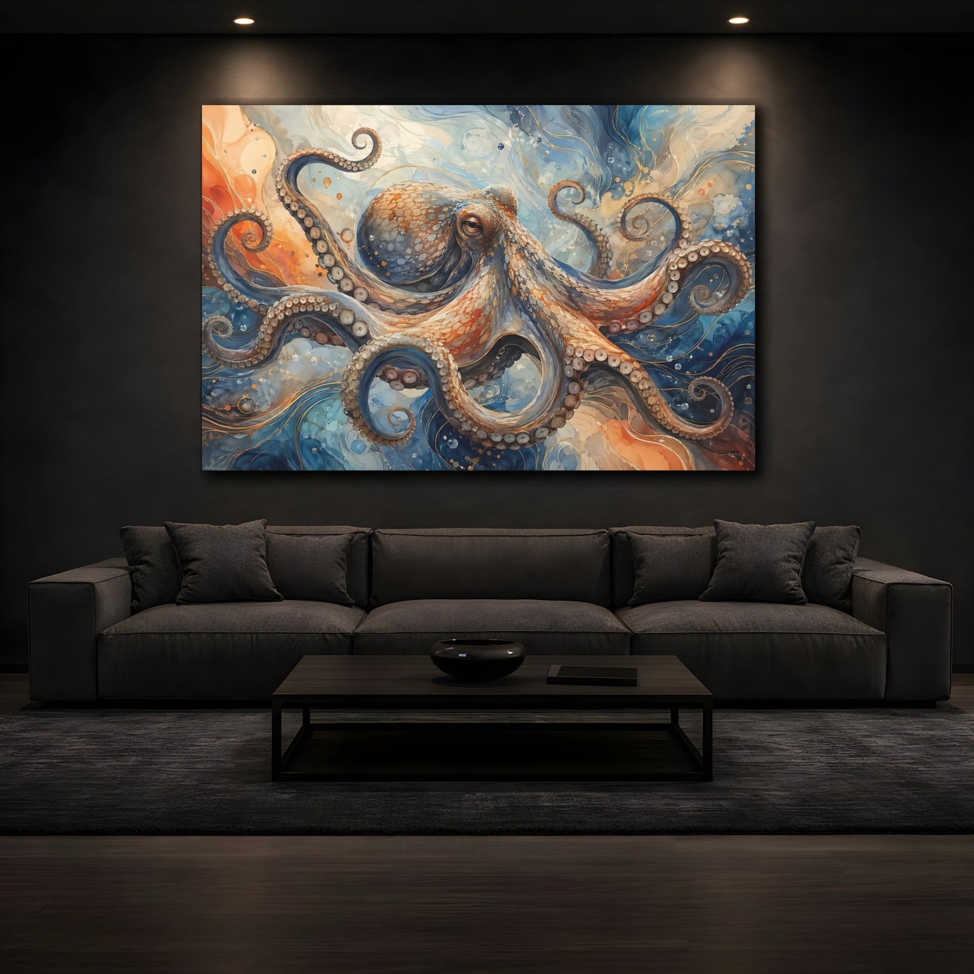 Mockup 4. Animals Octopus Blue And Orange Octopus shown as stretched canvas wall art