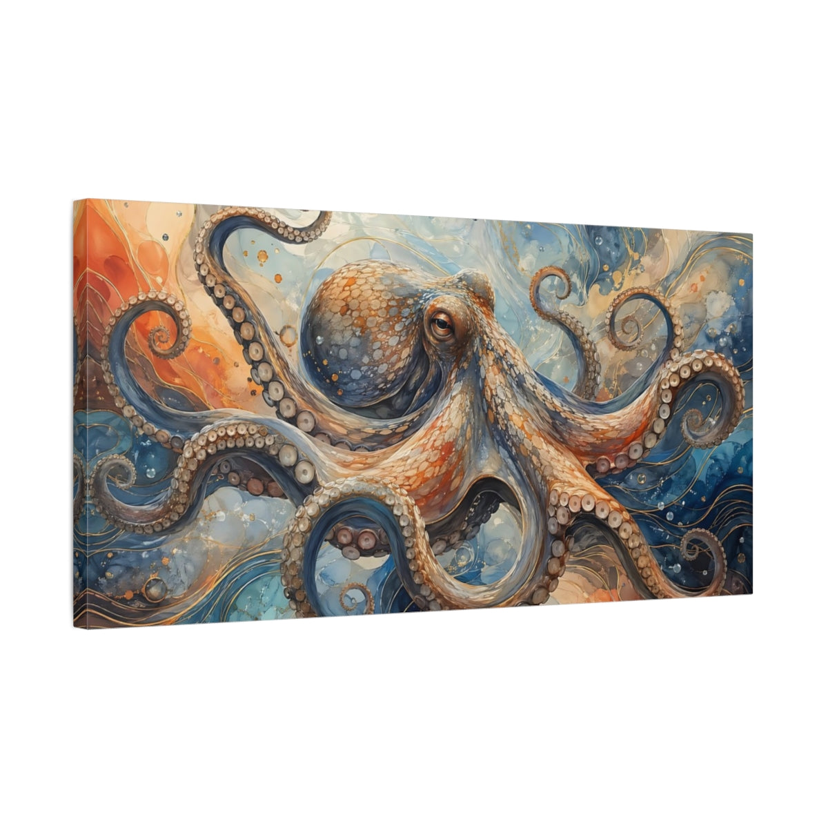 Side Mockup 1. Animals Octopus Blue Orange Octopus shown as stretched canvas wall art