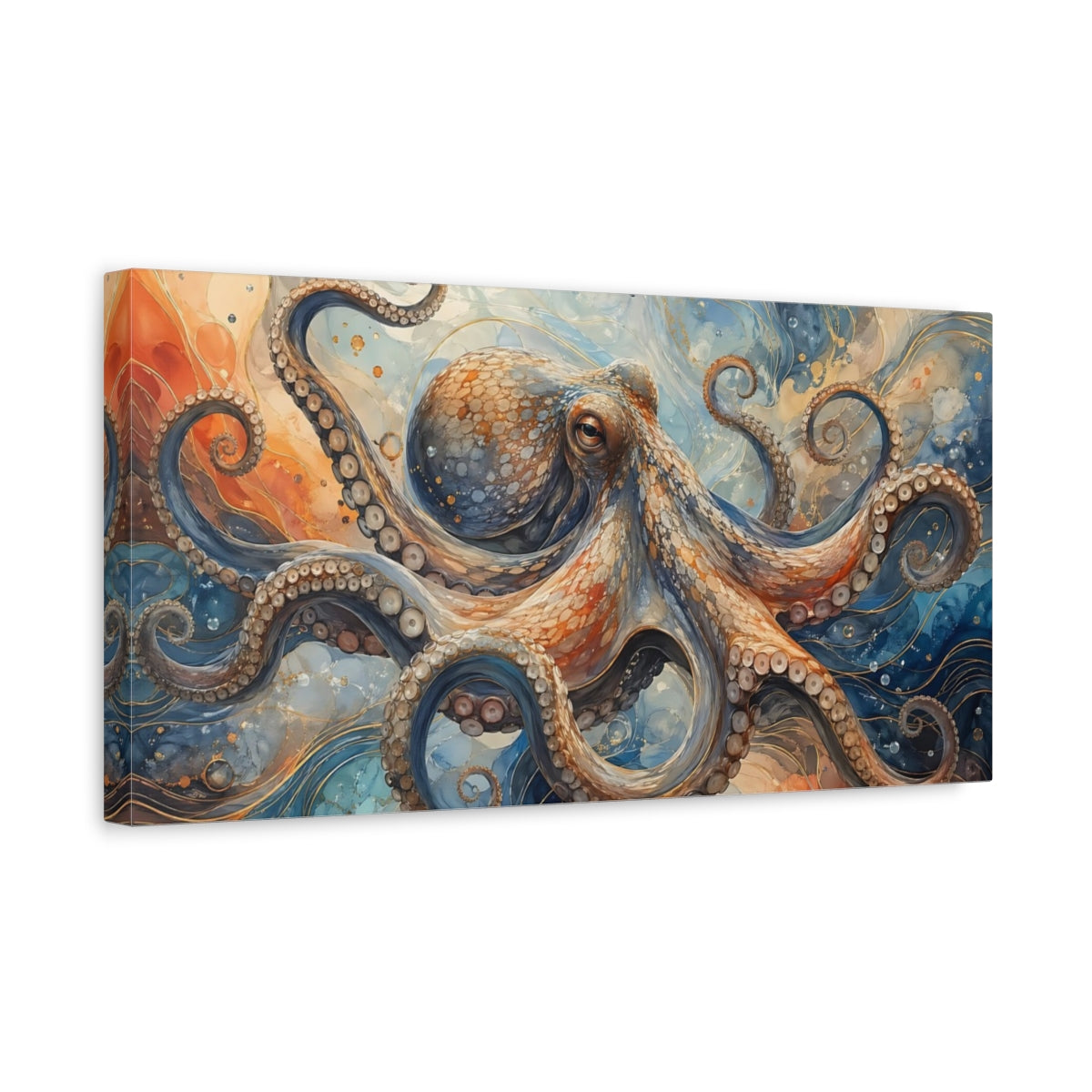 Side Mockup 3. Animals Octopus Blue Orange Octopus shown as stretched canvas wall art