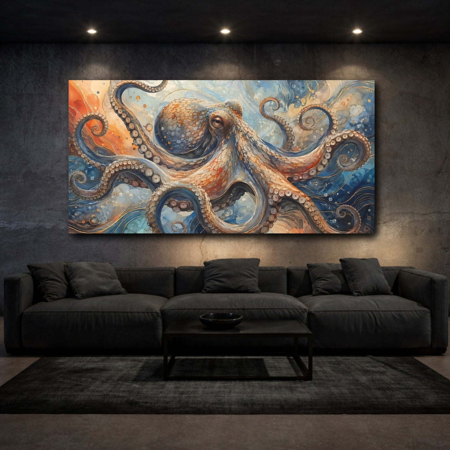 Mockup 2. Animals Octopus Blue Orange Octopus shown as stretched canvas wall art