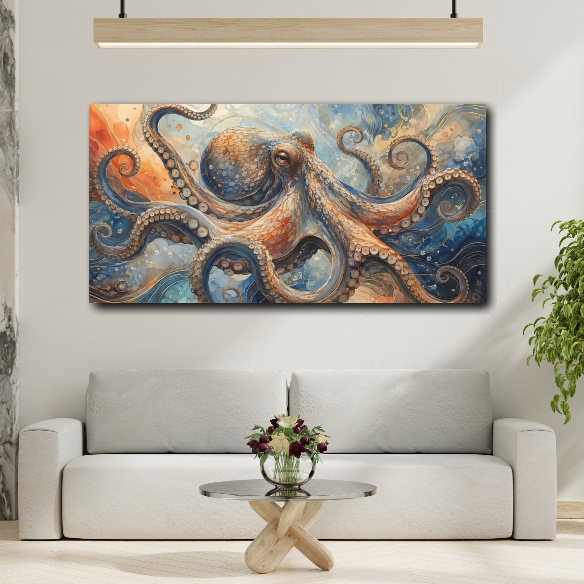 Mockup 3. Animals Octopus Blue Orange Octopus shown as stretched canvas wall art