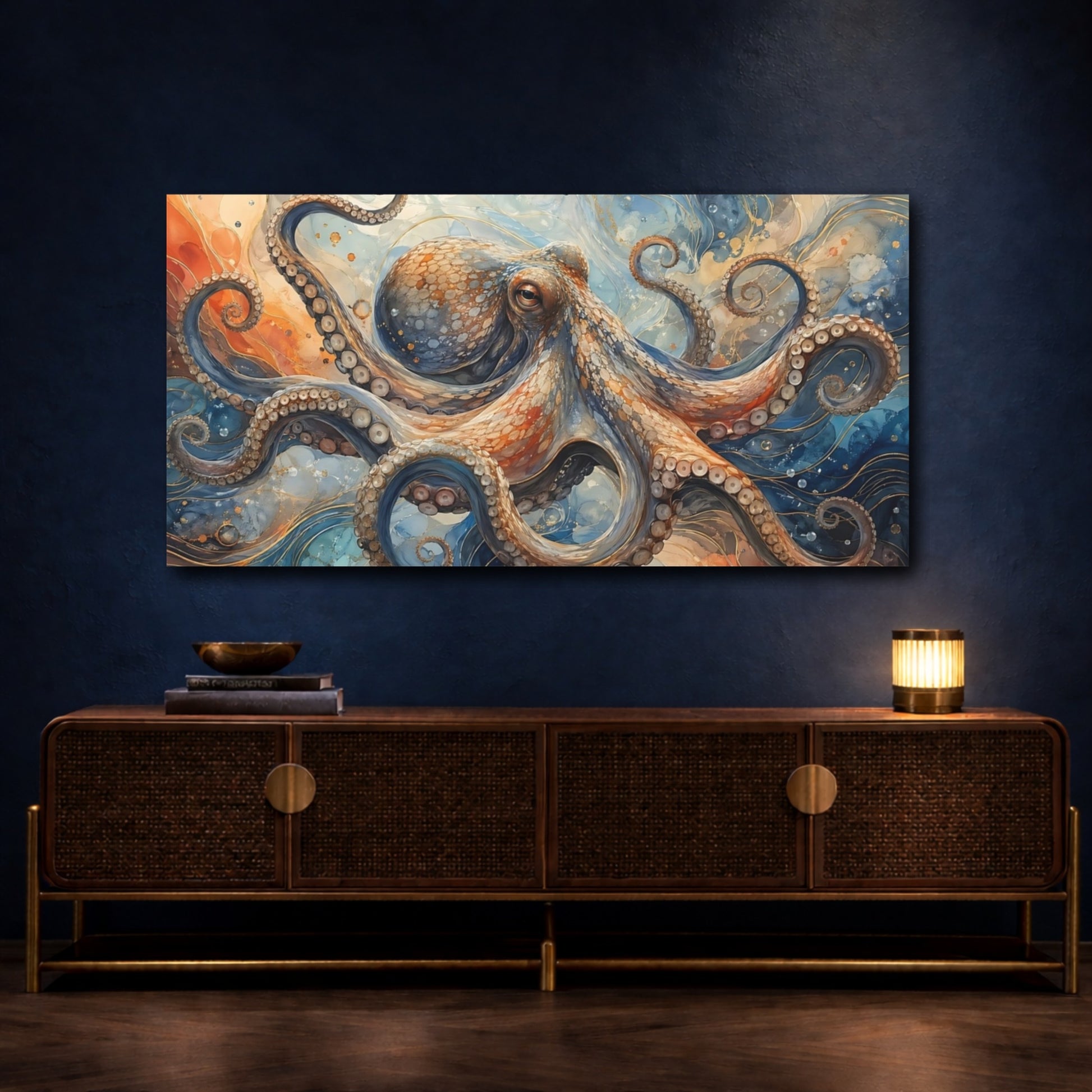 Mockup 4. Animals Octopus Blue Orange Octopus shown as stretched canvas wall art