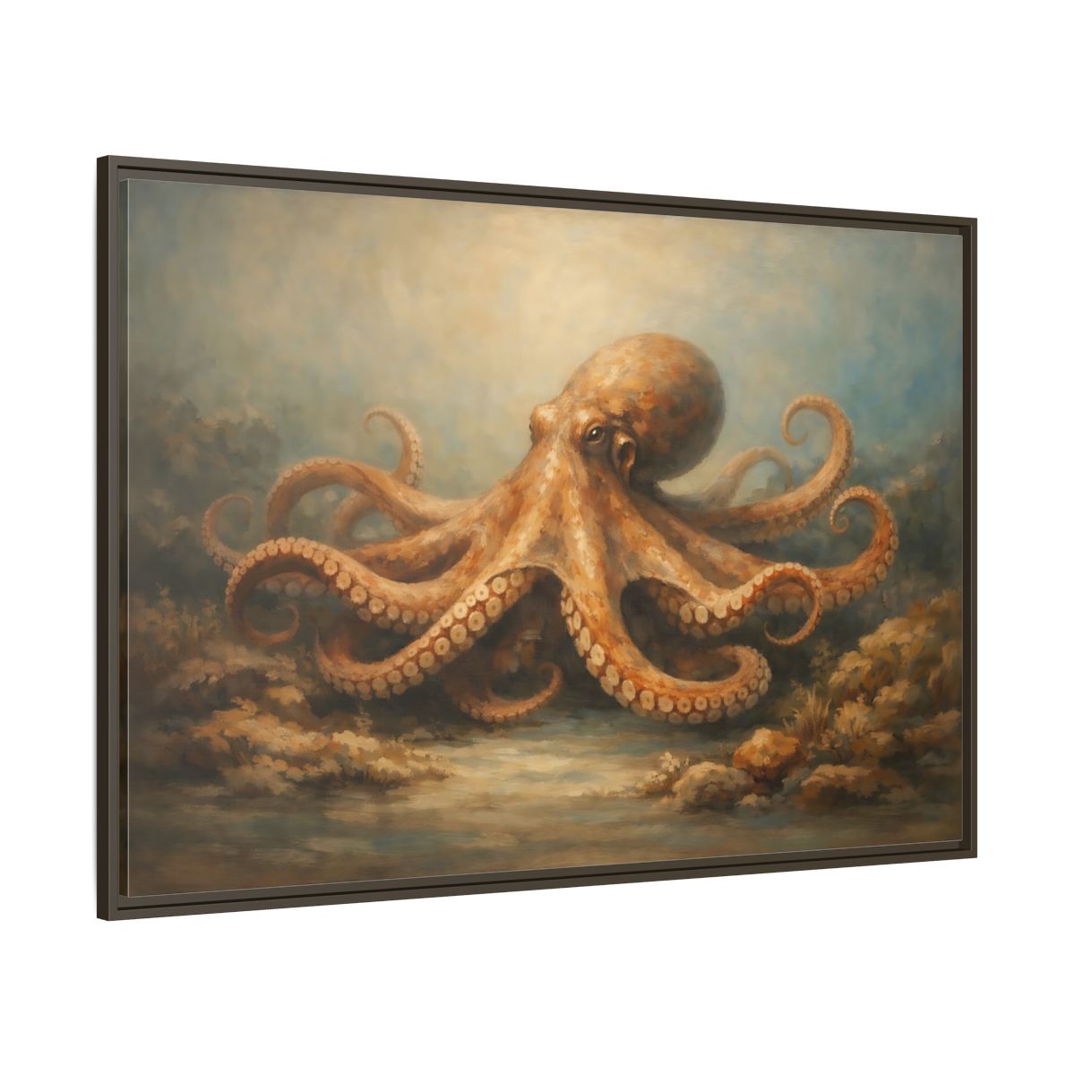 Main Mockup. Animals Octopus Orange Blue Ocean shown as stretched canvas wall art