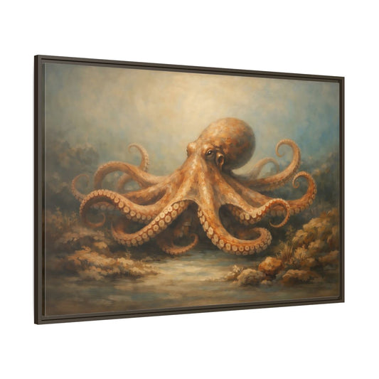 Main Mockup. Animals Octopus Orange Blue Ocean shown as stretched canvas wall art