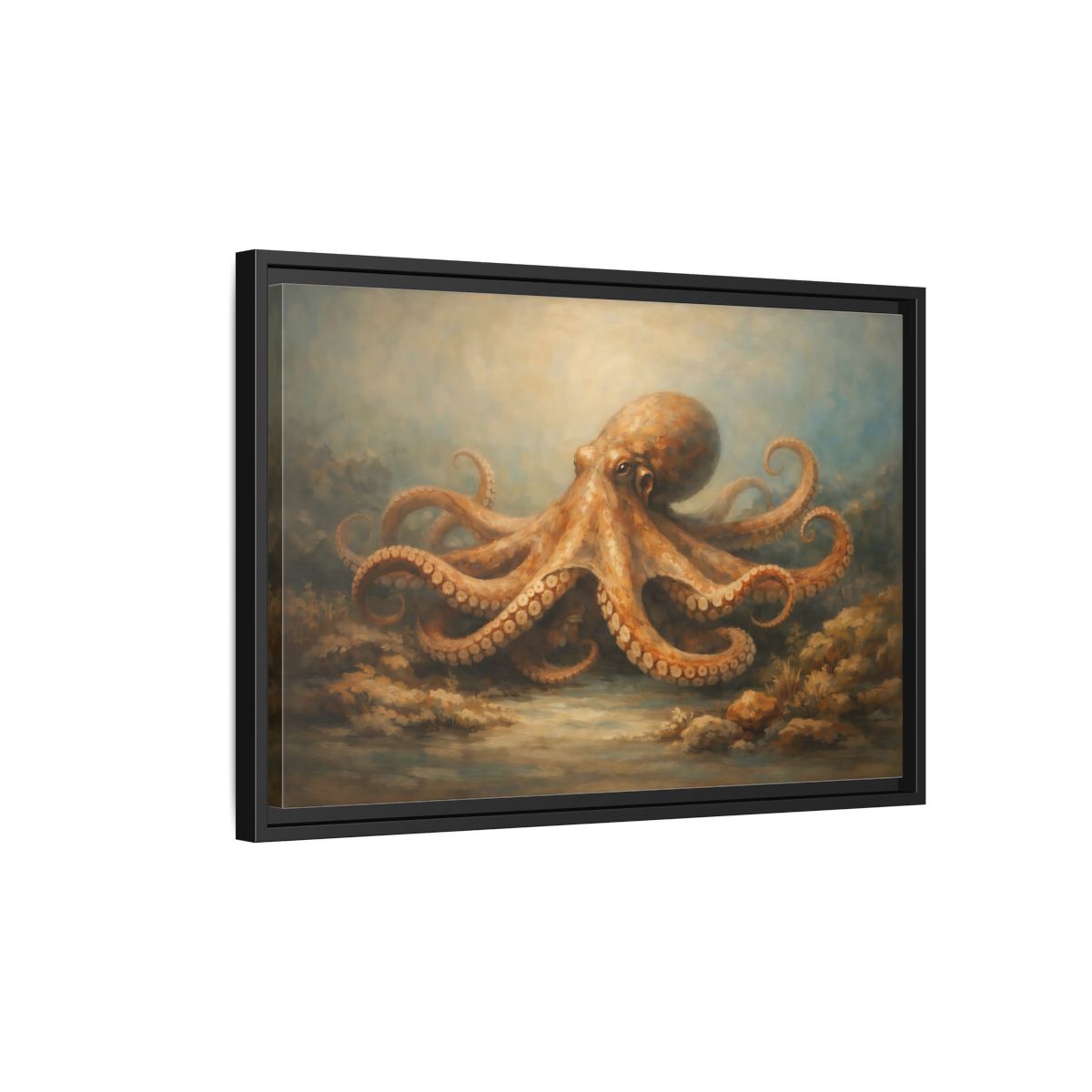 Side Mockup 3. Animals Octopus Orange Blue Ocean shown as stretched canvas wall art
