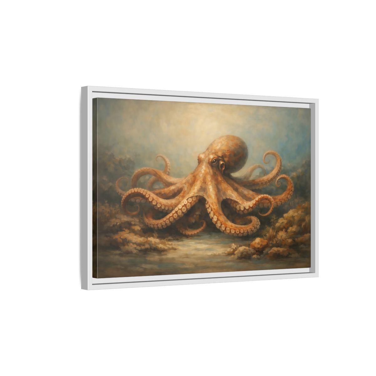 Side Mockup 1. Animals Octopus Orange Blue Ocean shown as stretched canvas wall art