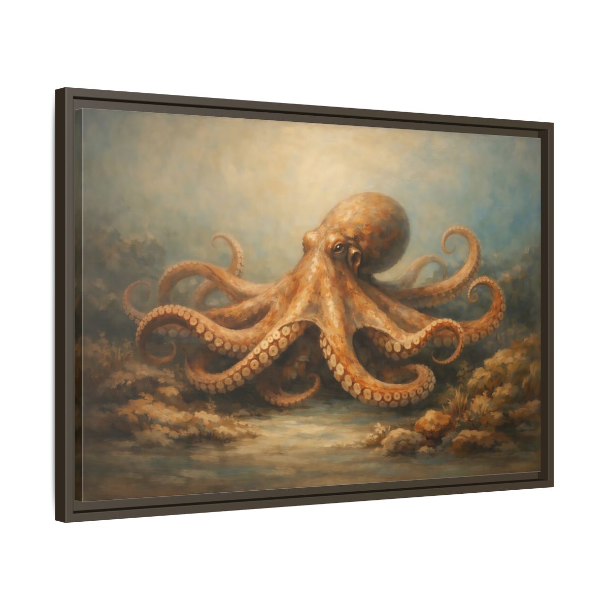 Side Mockup 11. Animals Octopus Orange Blue Ocean shown as stretched canvas wall art