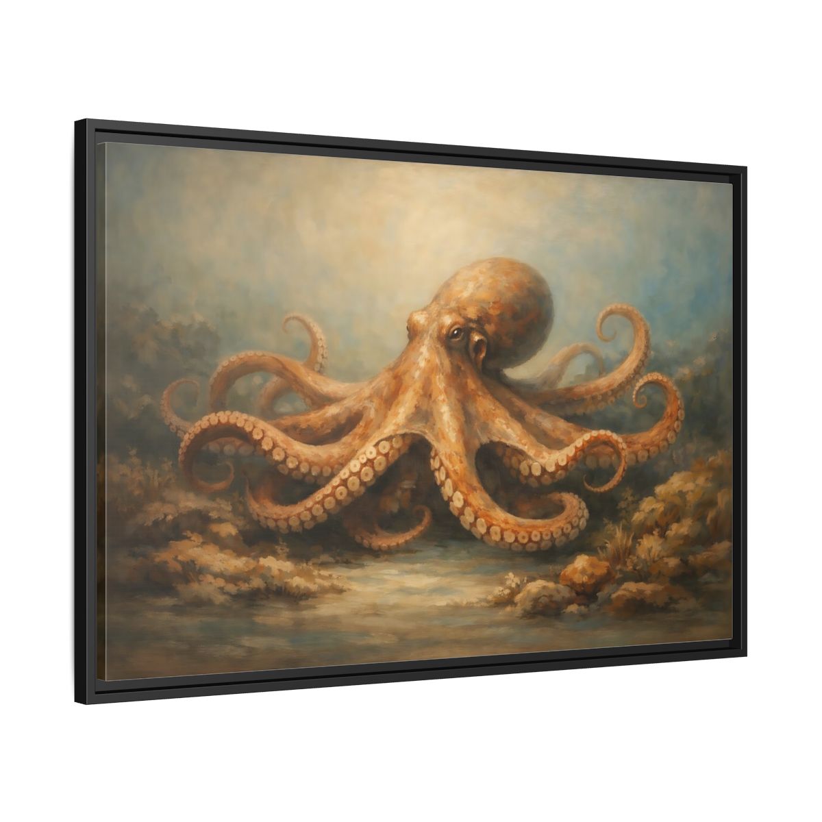 Side Mockup 13. Animals Octopus Orange Blue Ocean shown as stretched canvas wall art