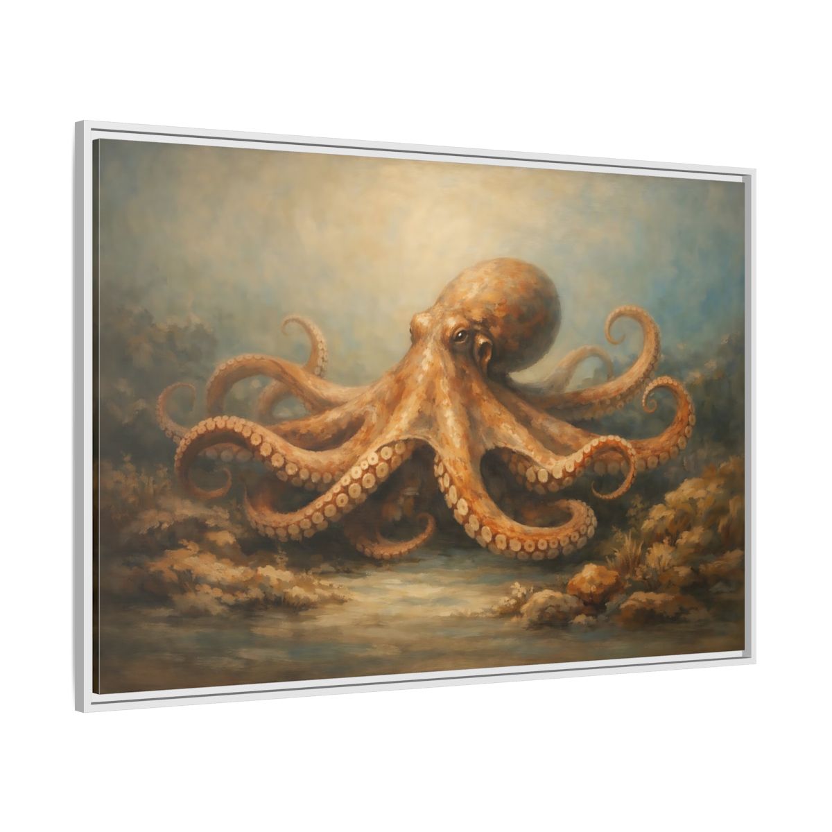Side Mockup 7. Animals Octopus Orange Blue Ocean shown as stretched canvas wall art