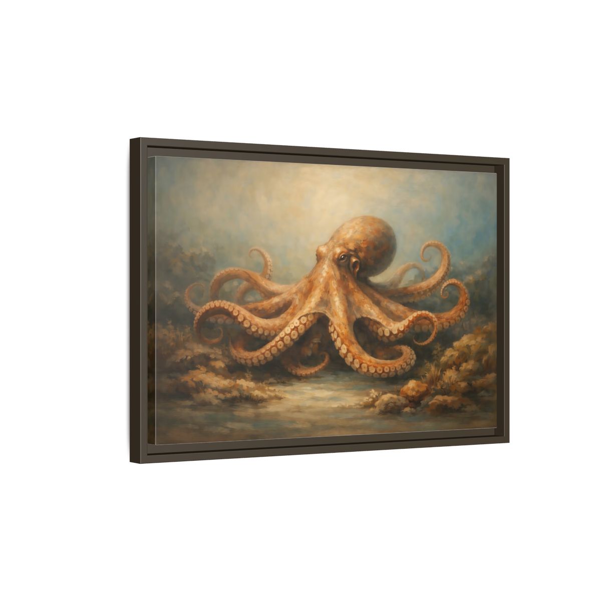 Side Mockup 2. Animals Octopus Orange Blue Ocean shown as stretched canvas wall art