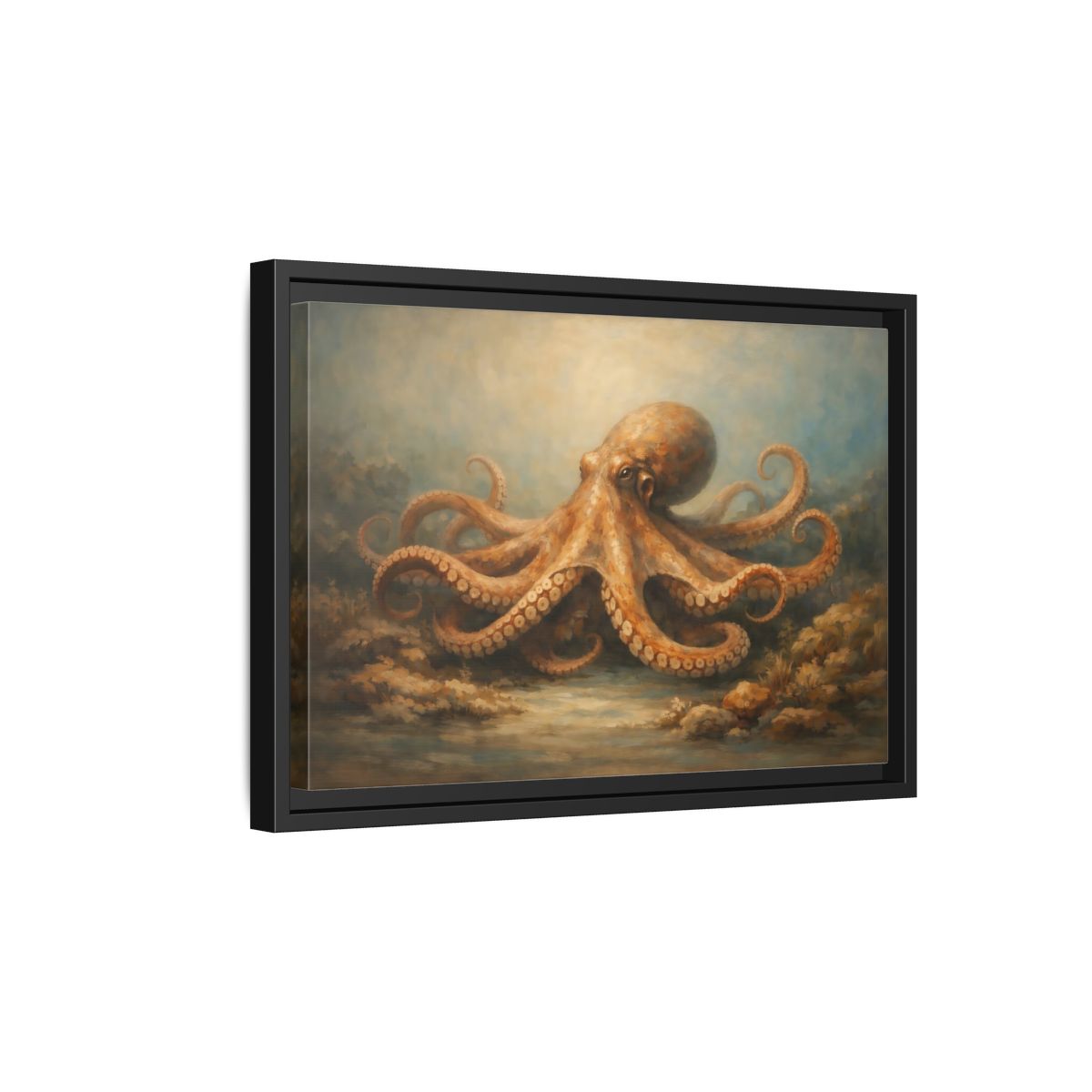 Side Mockup 6. Animals Octopus Orange Blue Ocean shown as stretched canvas wall art