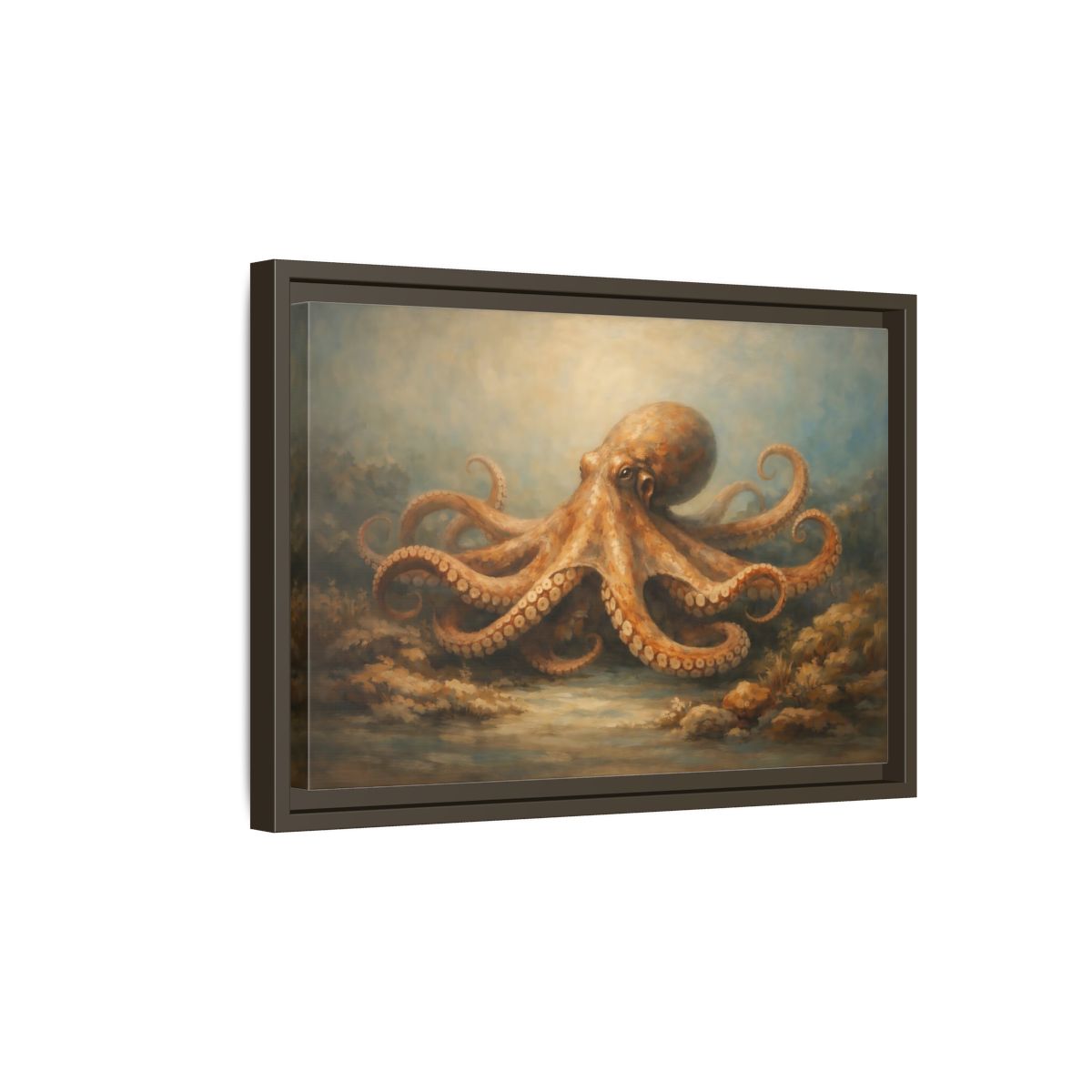 Side Mockup 5. Animals Octopus Orange Blue Ocean shown as stretched canvas wall art
