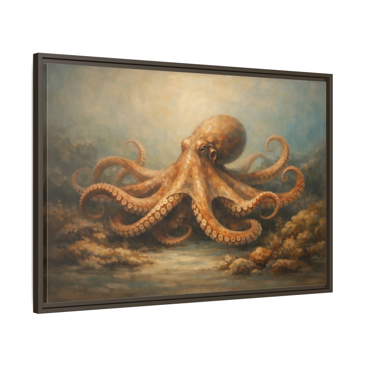 Side Mockup 9. Animals Octopus Orange Blue Ocean shown as stretched canvas wall art