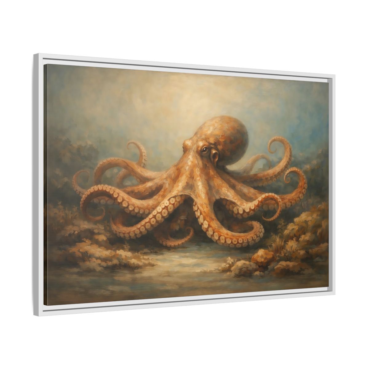 Side Mockup 8. Animals Octopus Orange Blue Ocean shown as stretched canvas wall art