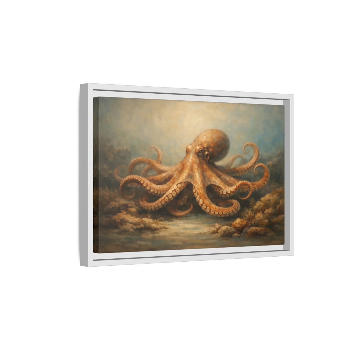 Side Mockup 4. Animals Octopus Orange Blue Ocean shown as stretched canvas wall art