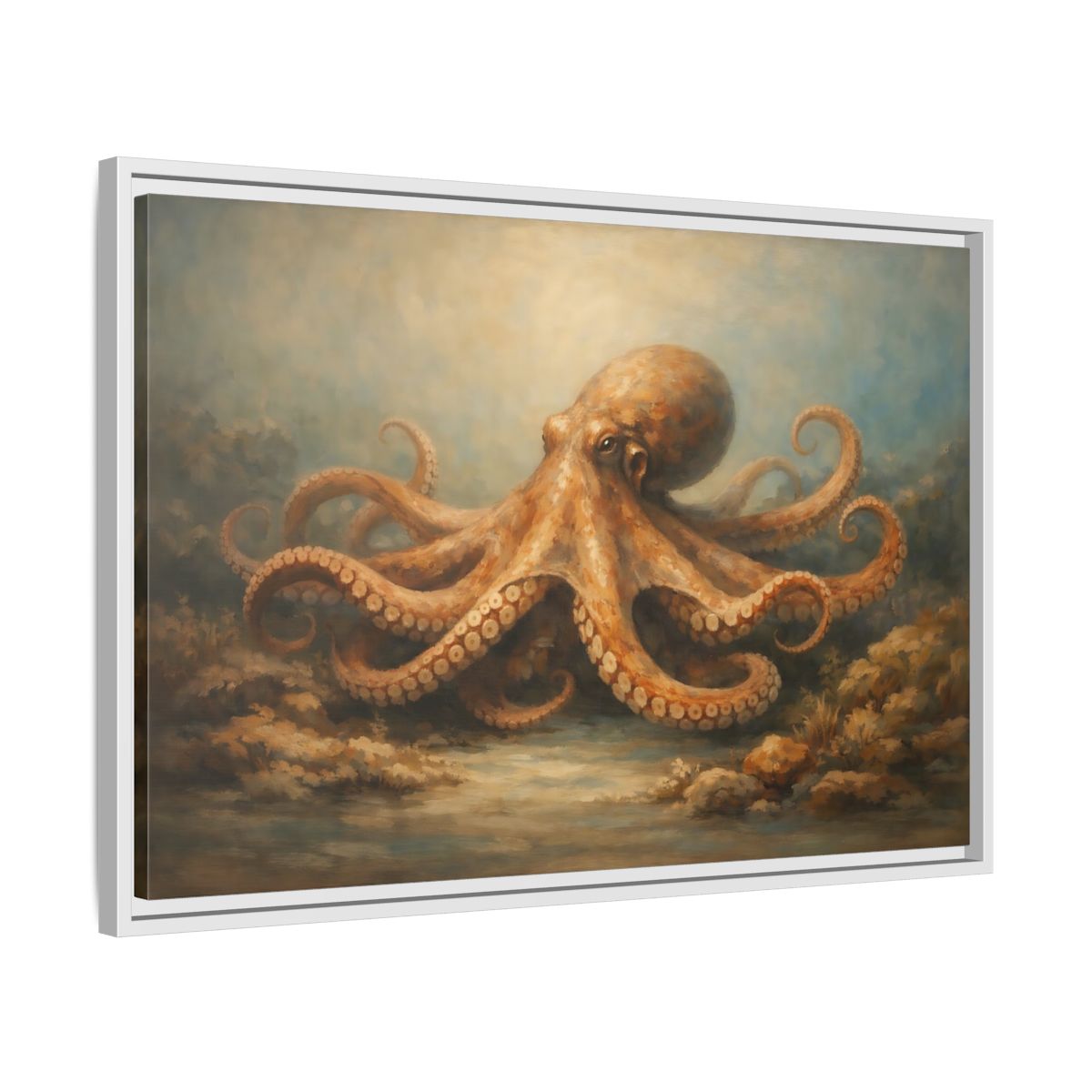 Side Mockup 10. Animals Octopus Orange Blue Ocean shown as stretched canvas wall art