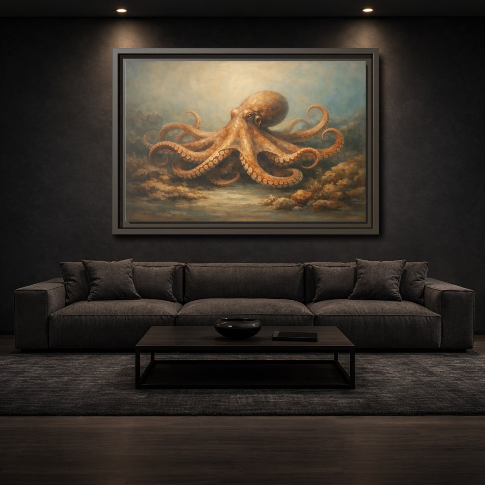 Mockup 2. Animals Octopus Orange Blue Ocean shown as stretched canvas wall art