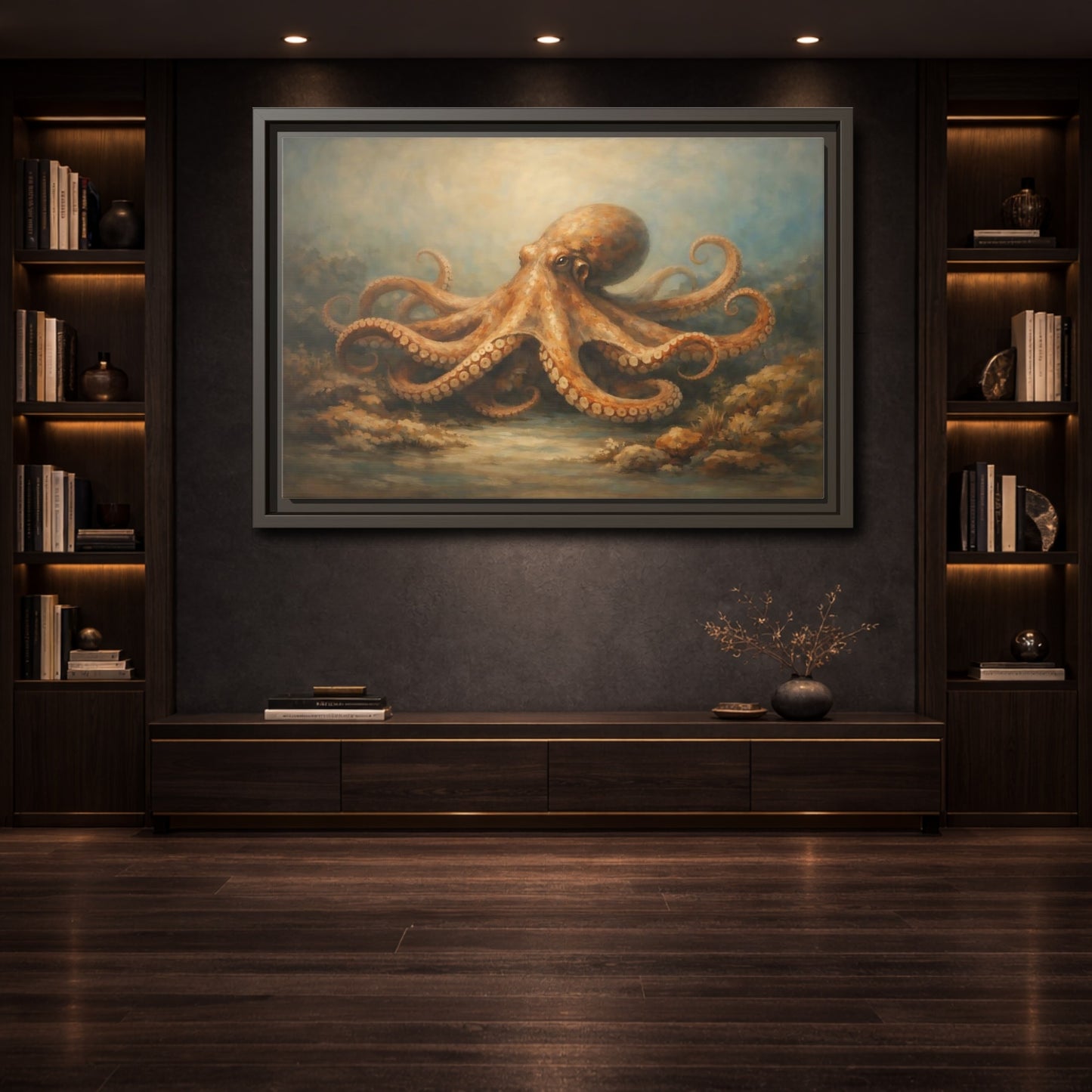Mockup 3. Animals Octopus Orange Blue Ocean shown as stretched canvas wall art