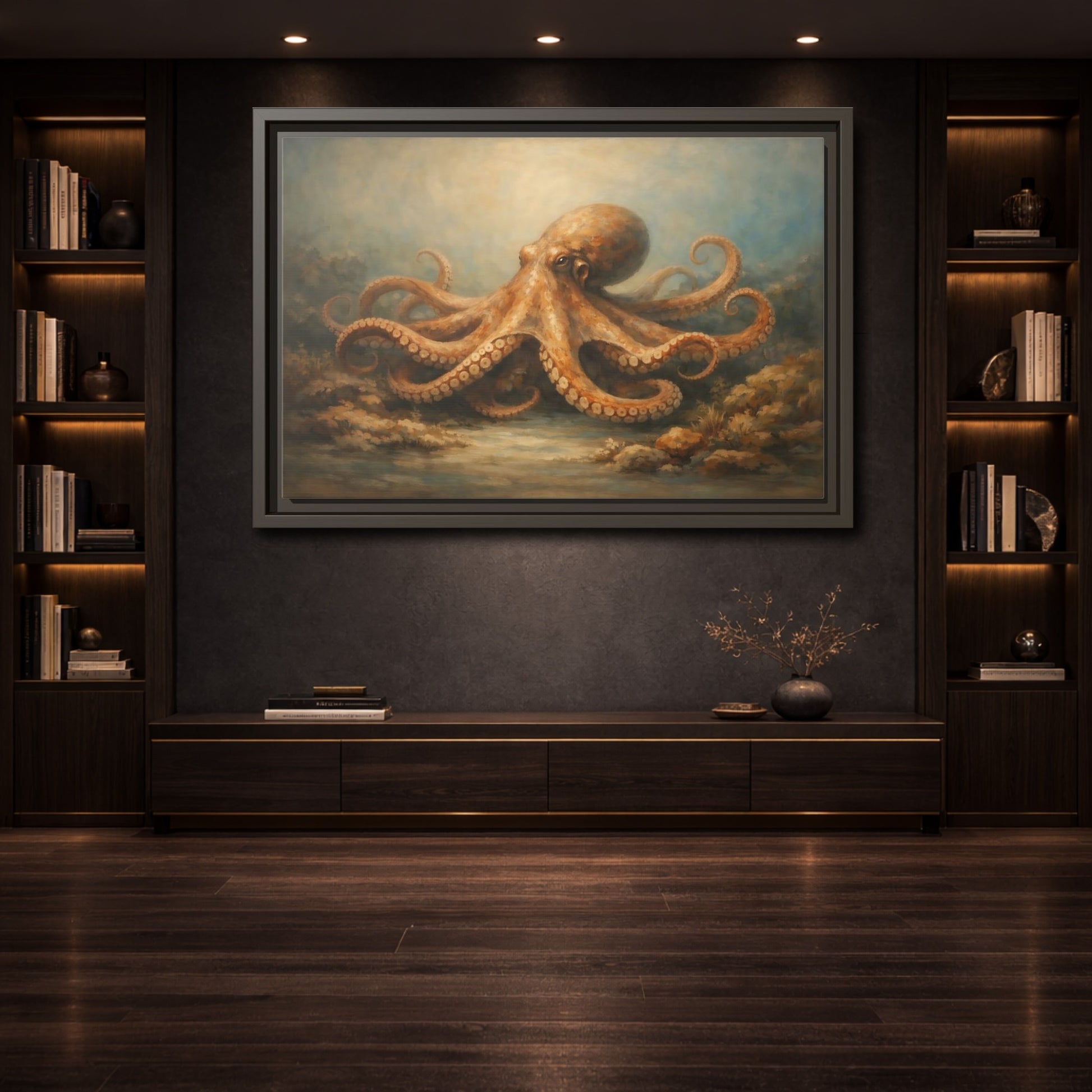 Mockup 3. Animals Octopus Orange Blue Ocean shown as stretched canvas wall art
