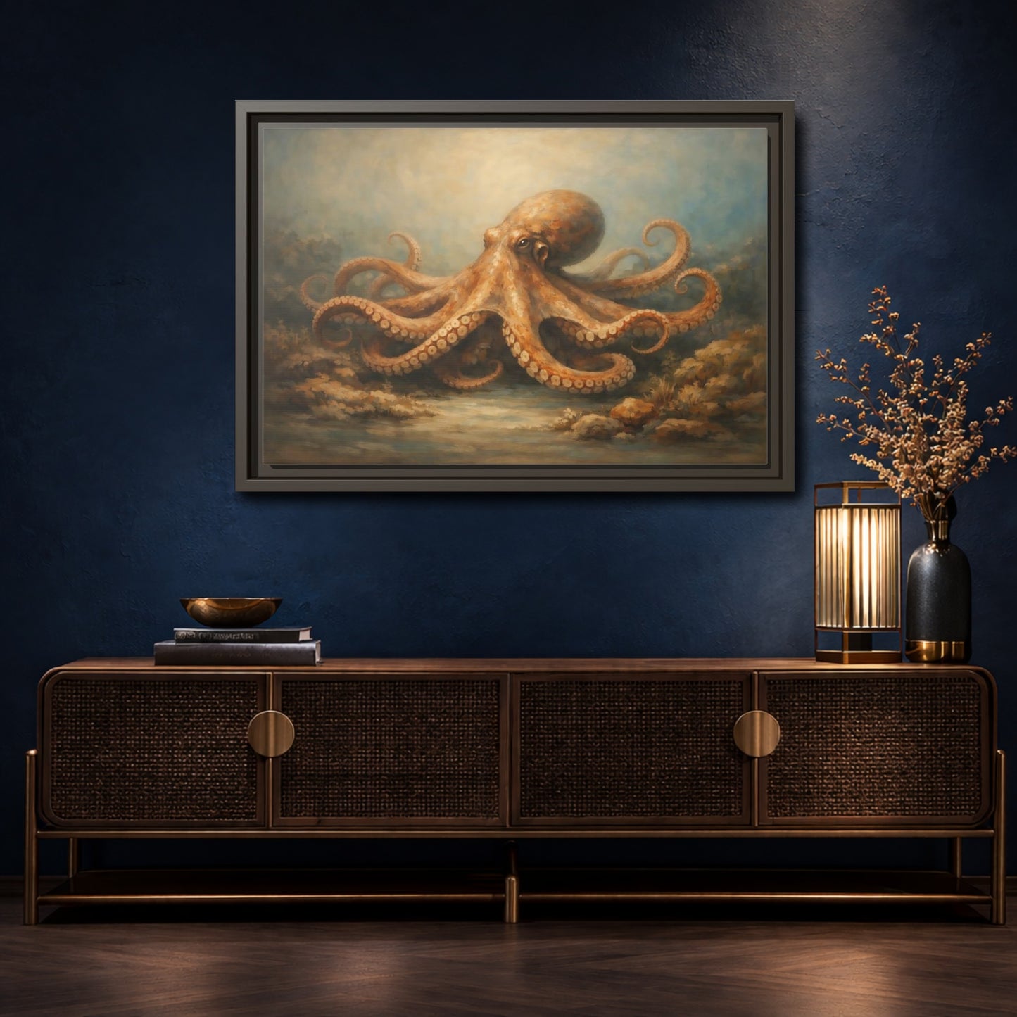 Mockup 4. Animals Octopus Orange Blue Ocean shown as stretched canvas wall art
