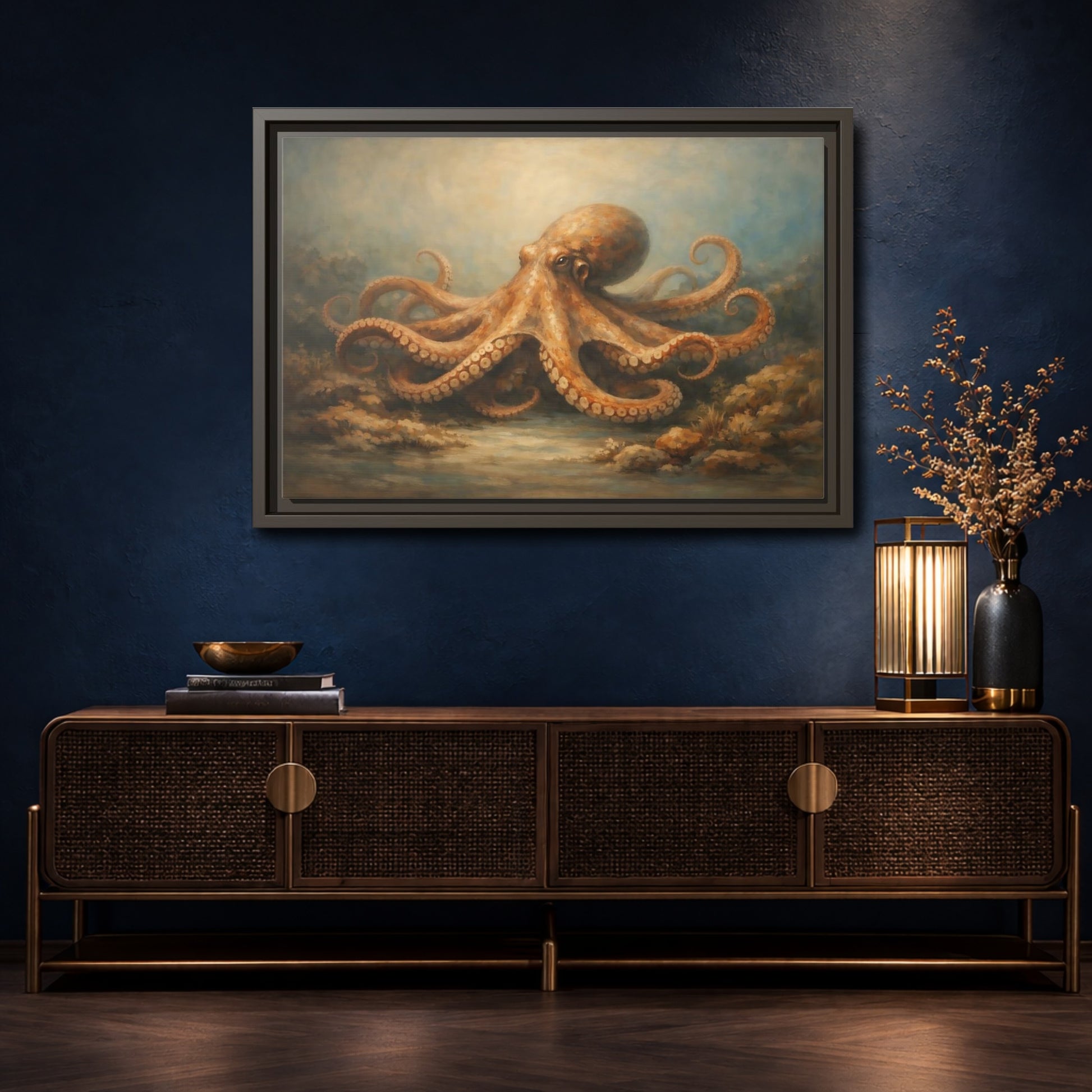 Mockup 4. Animals Octopus Orange Blue Ocean shown as stretched canvas wall art