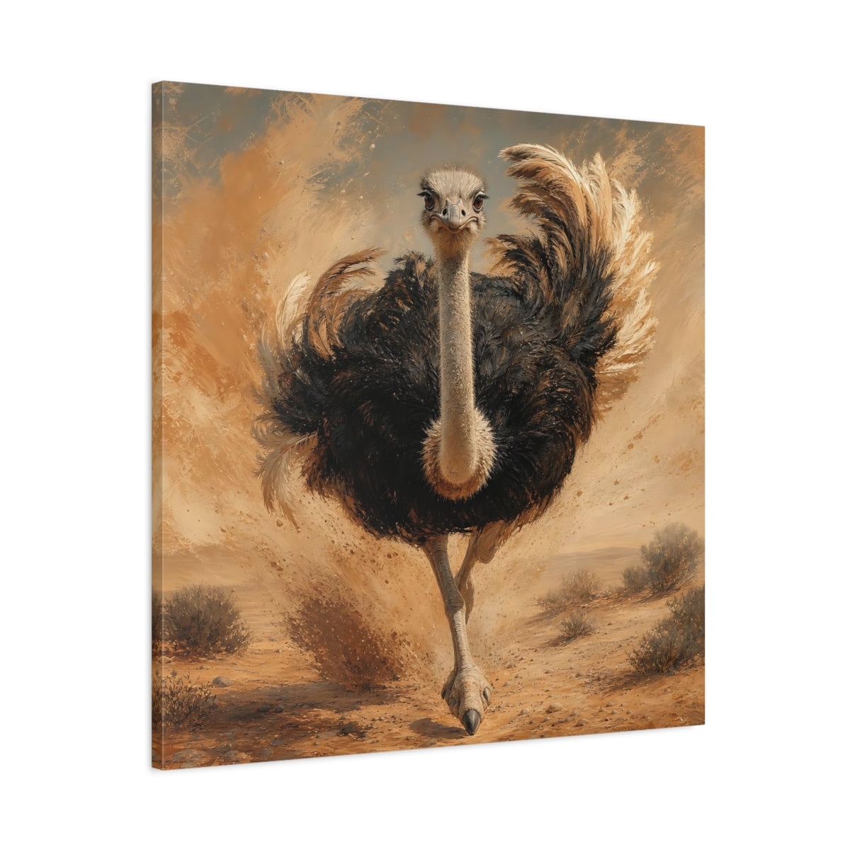 Main Mockup. Animals Ostrich Brown And Beige shown as canvas print