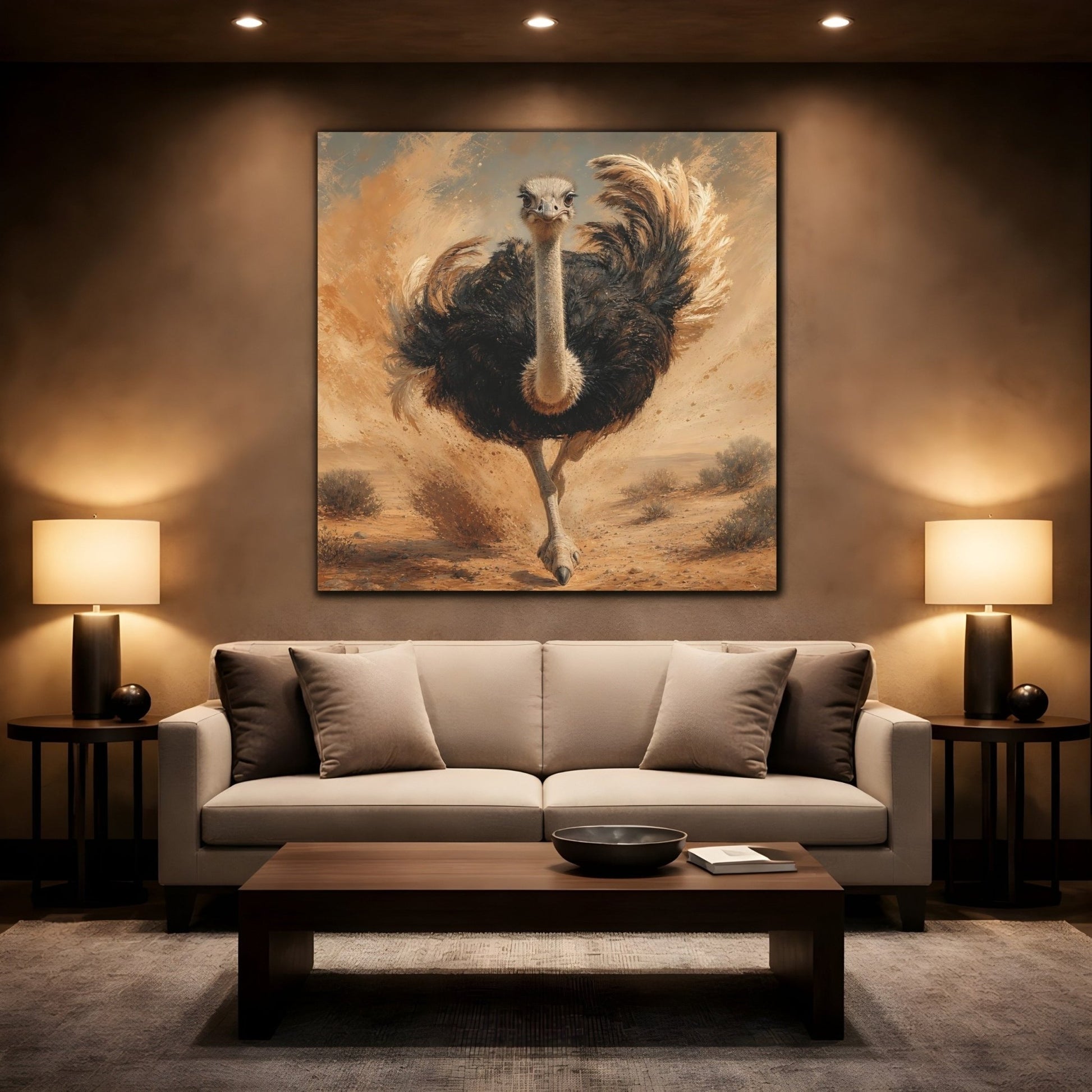 Animals Ostrich Brown And Beige Canvas Print Wall Art – Living Room Decor, Above Sofa - YesArtYes