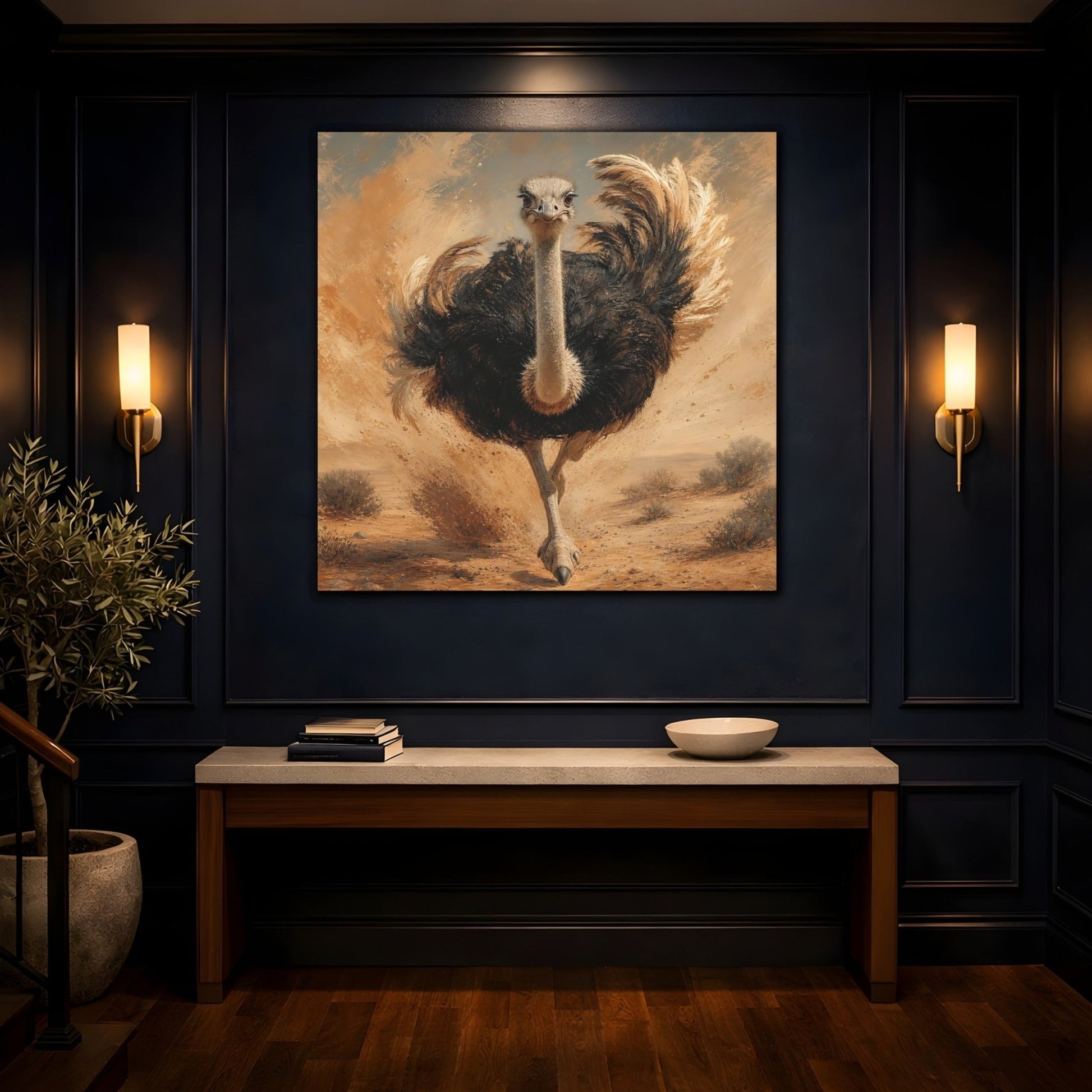 Animals Ostrich Brown And Beige Canvas Print Wall Art – Living Room Decor, Above Sofa - YesArtYes