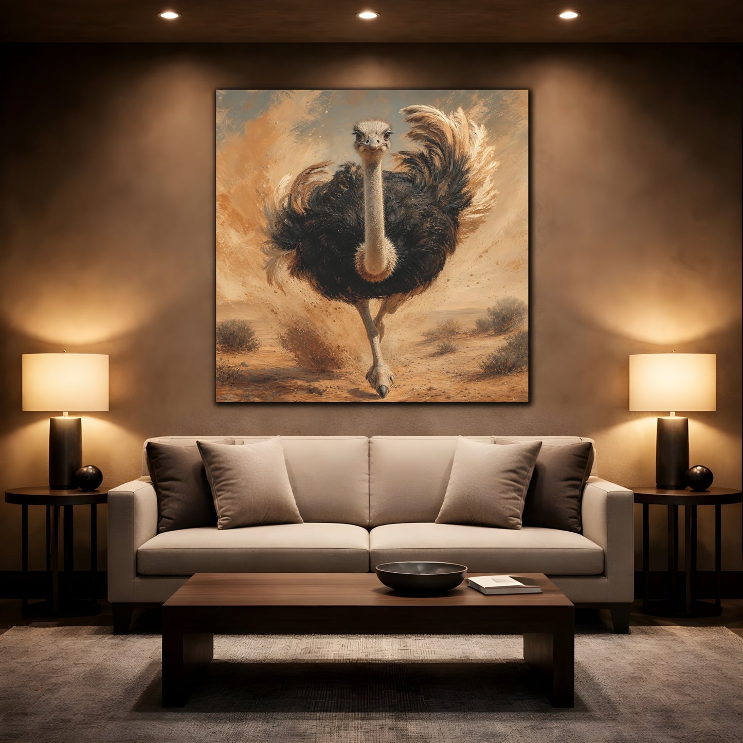 Mockup 2. Animals Ostrich Brown And Beige shown as canvas print