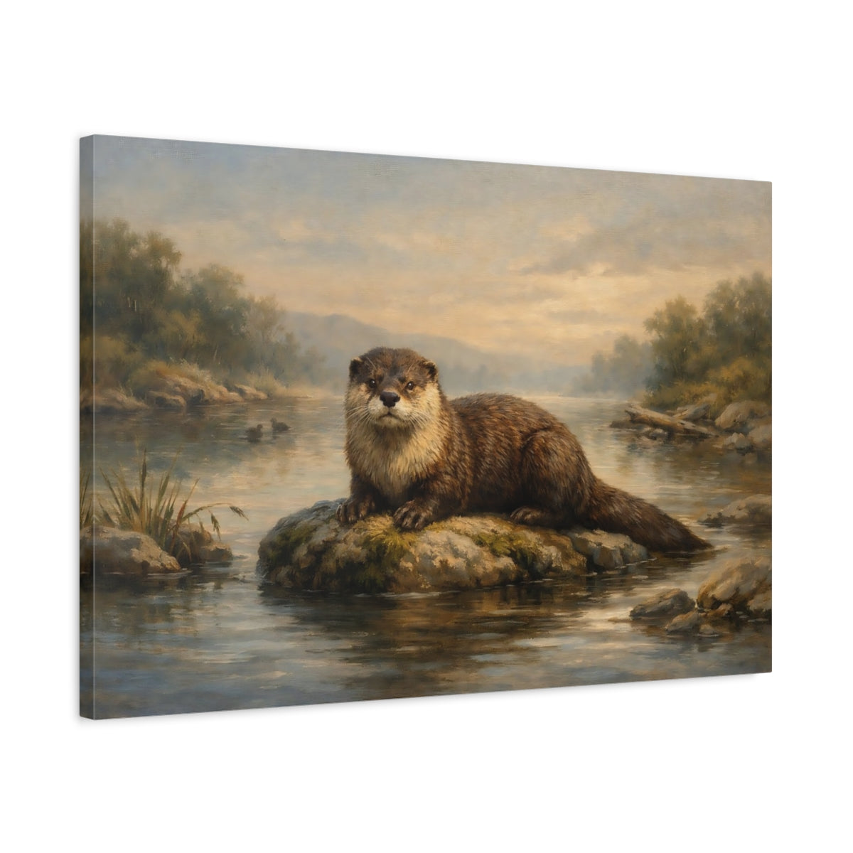 Side Mockup 2. Animals Otter Brown And Green shown as stretched canvas wall art