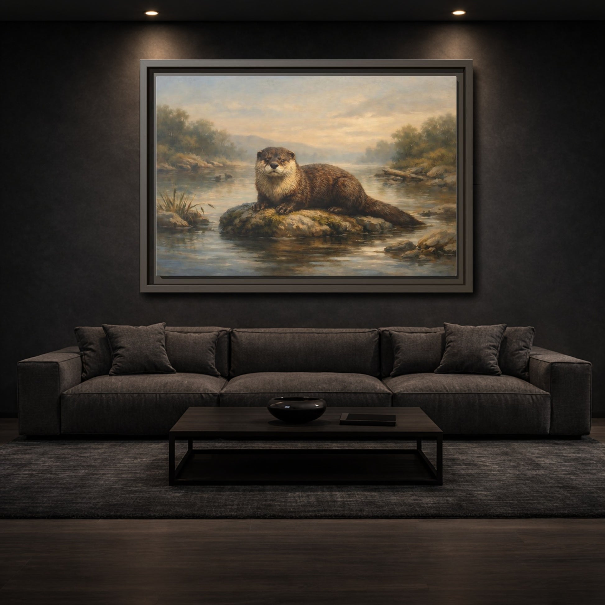 Mockup 2. Animals Otter Brown And Green shown as stretched canvas wall art