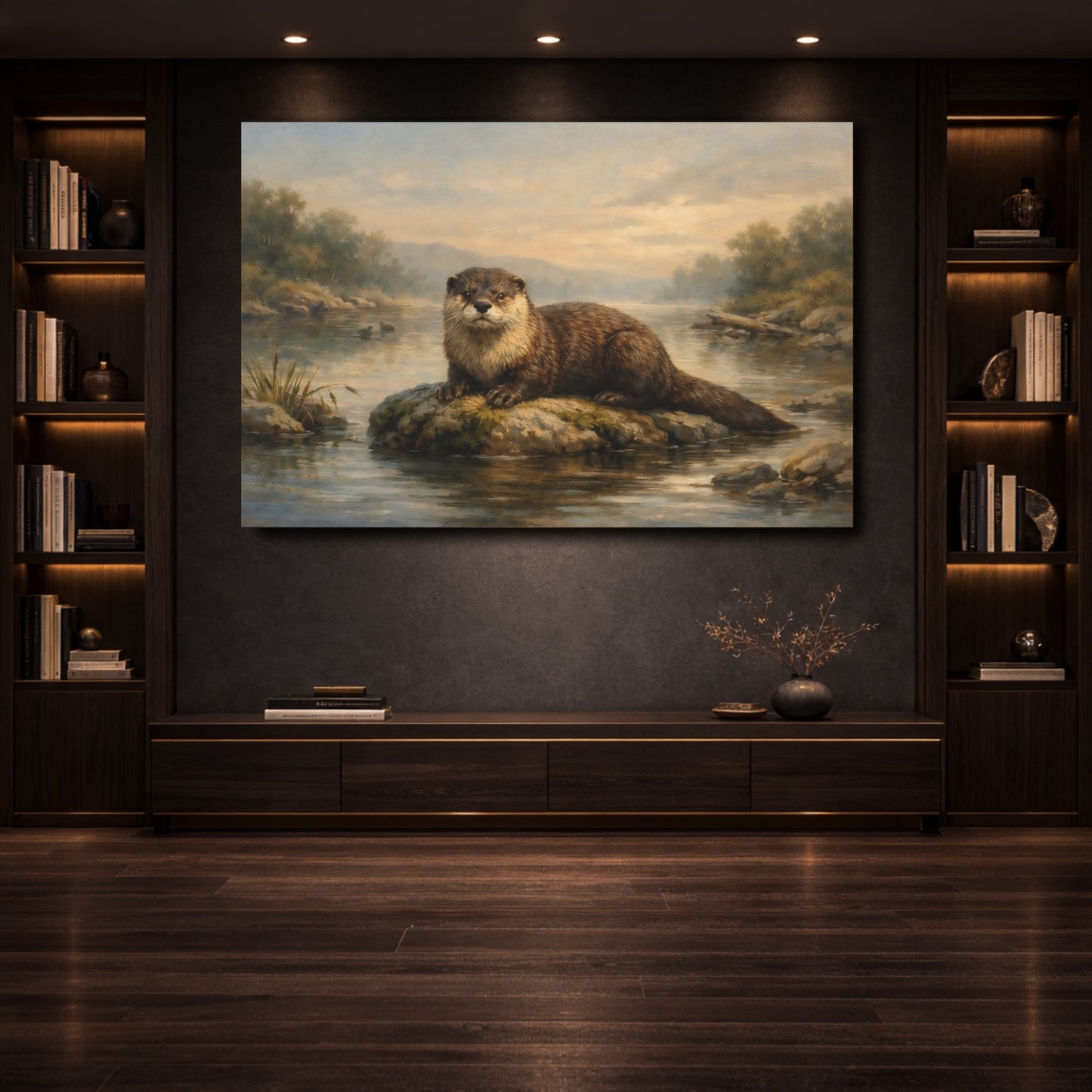 Mockup 3. Animals Otter Brown And Green shown as stretched canvas wall art