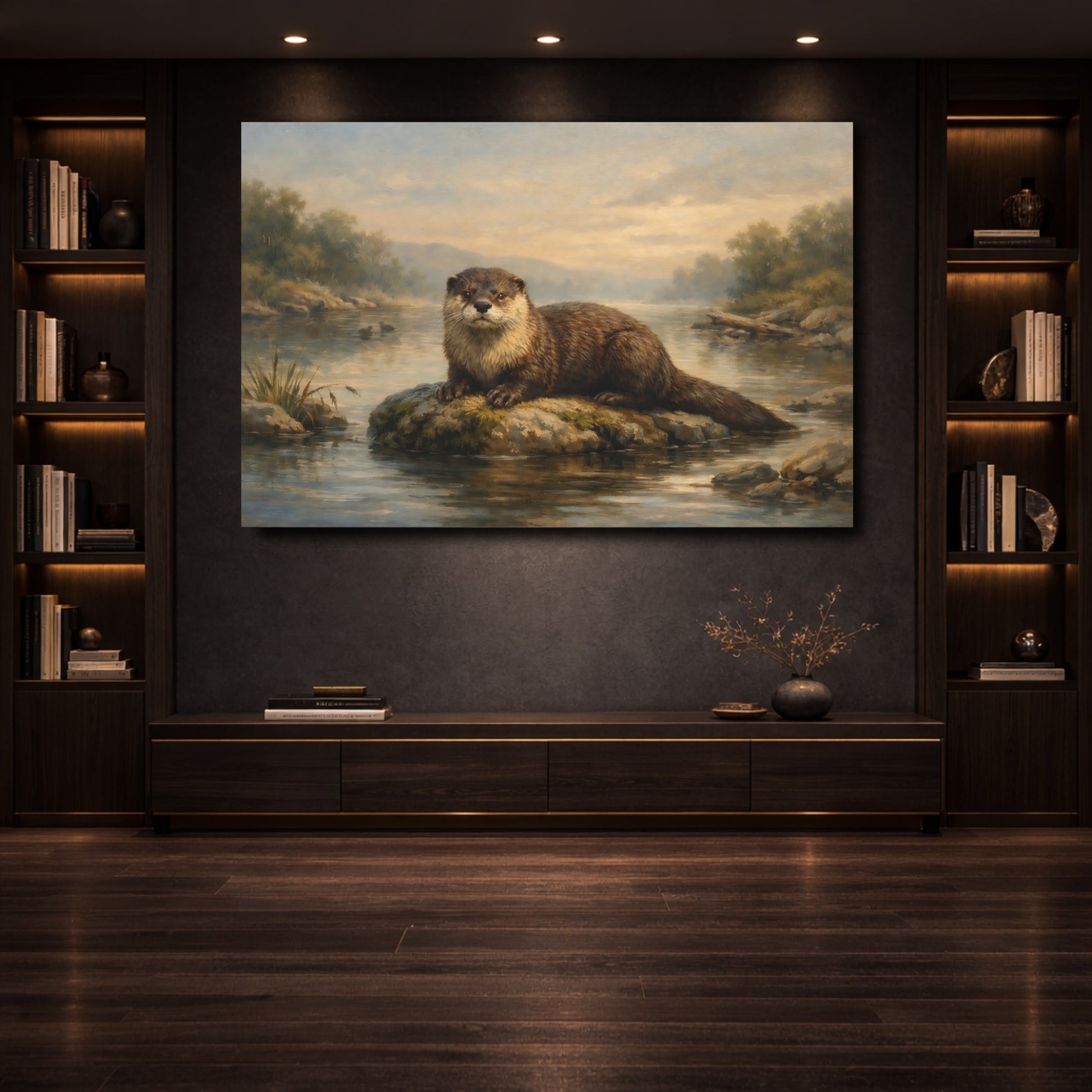 Mockup 3. Animals Otter Brown And Green shown as stretched canvas wall art