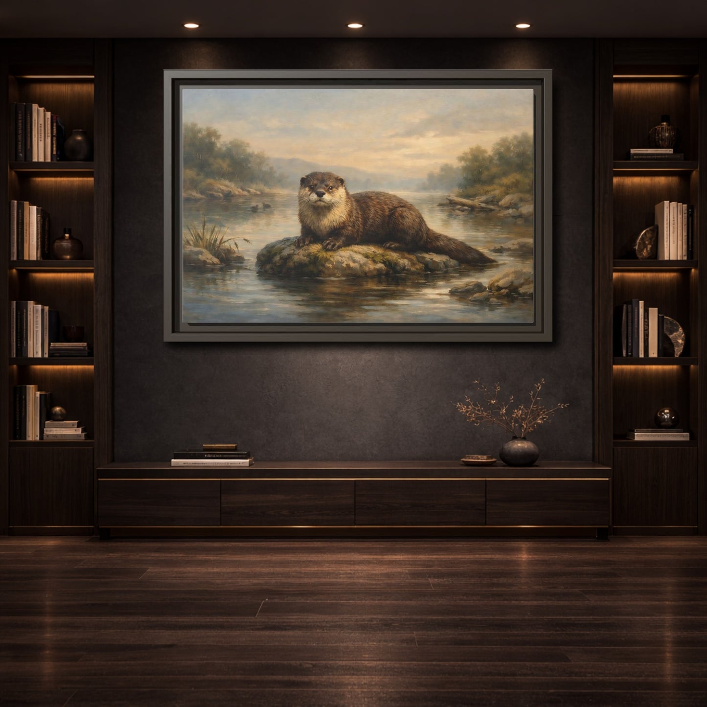 Mockup 3. Animals Otter Brown And Green shown as stretched canvas wall art