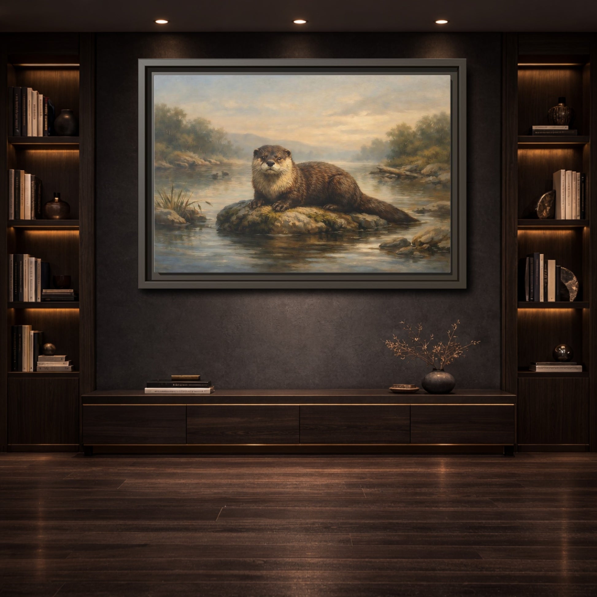 Mockup 3. Animals Otter Brown And Green shown as stretched canvas wall art