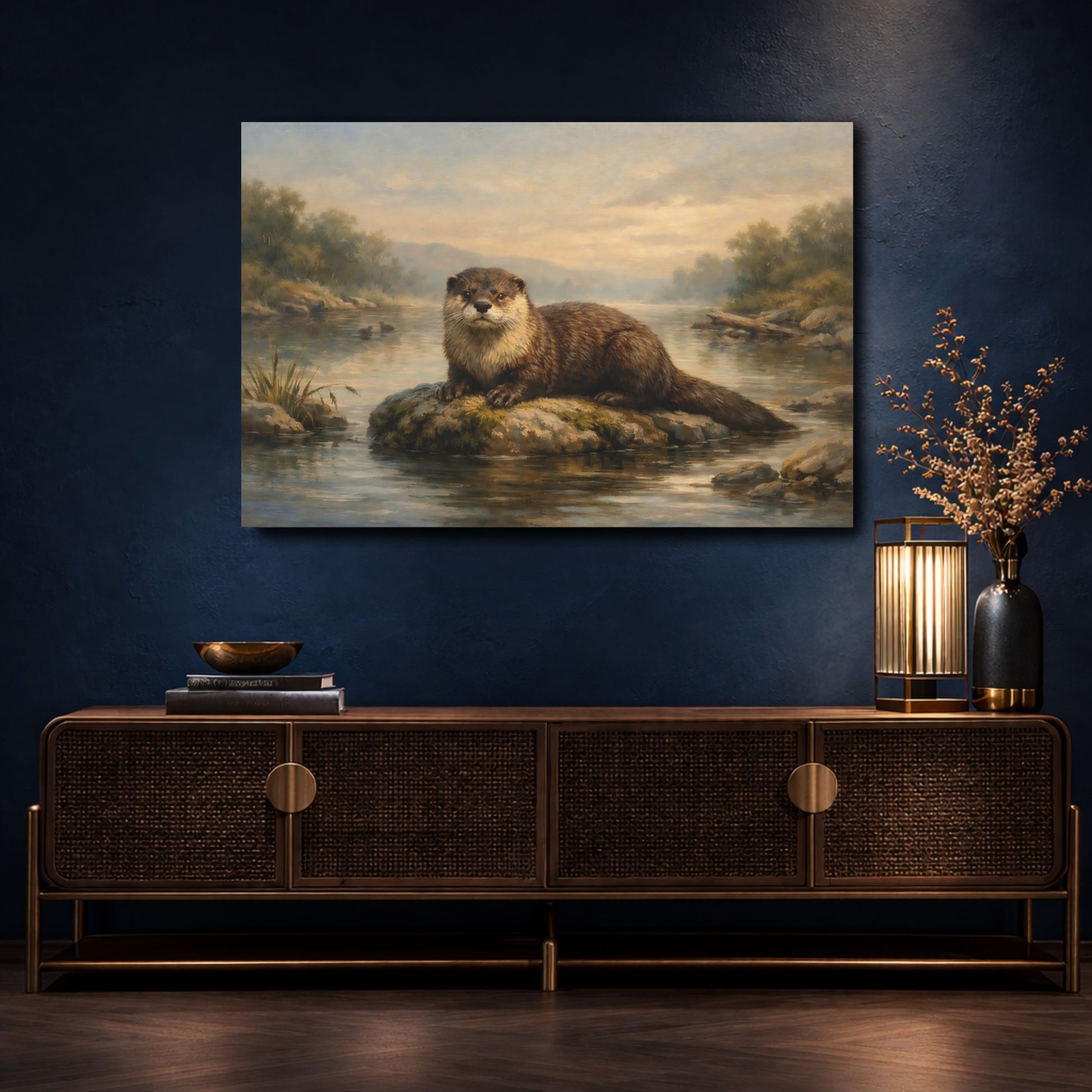 Mockup 4. Animals Otter Brown And Green shown as stretched canvas wall art