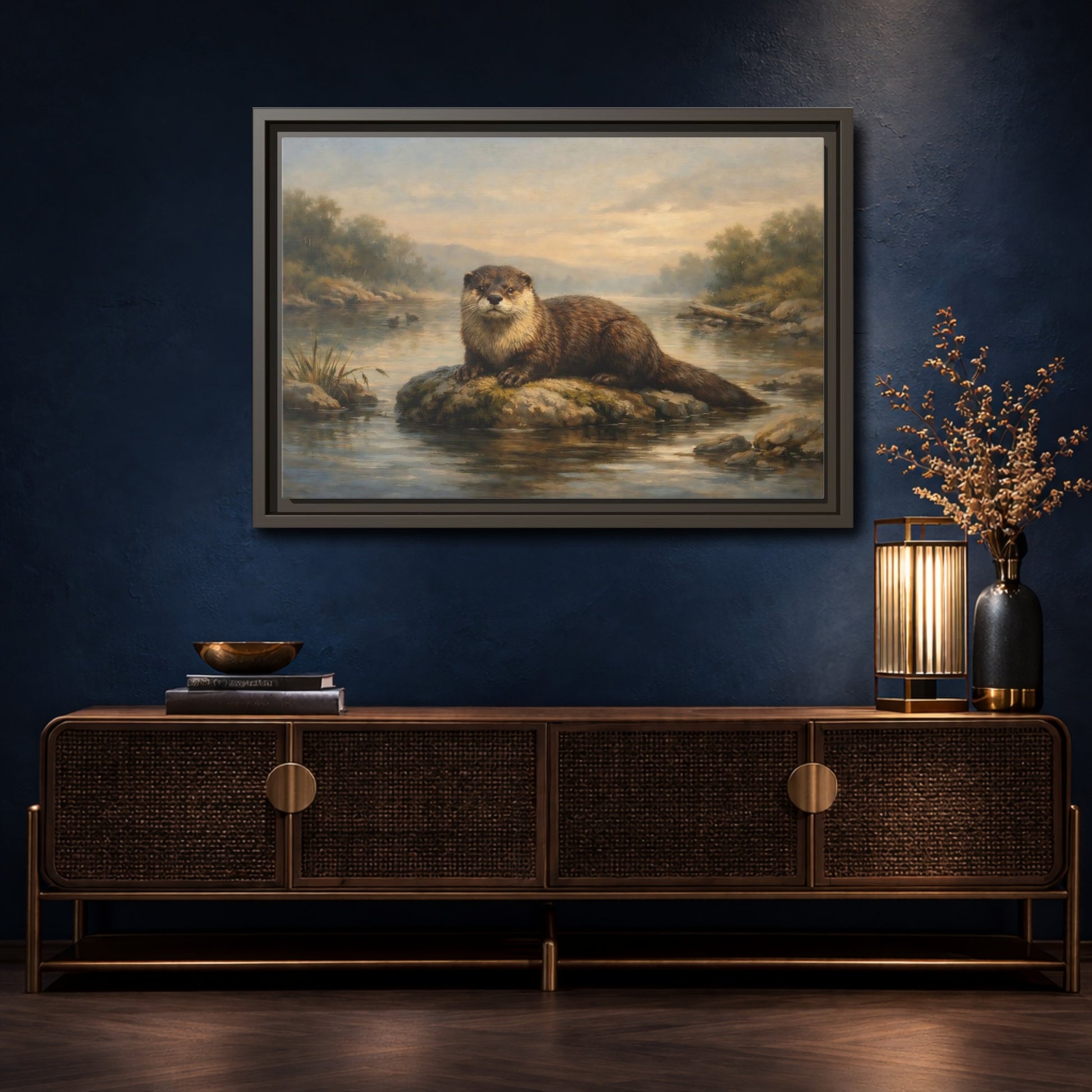 Mockup 4. Animals Otter Brown And Green shown as stretched canvas wall art